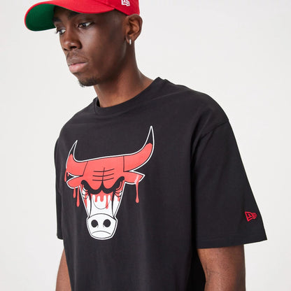 The Male model is wearing Chicago NBA Drip Logo Bulls Black T-Shirt 6