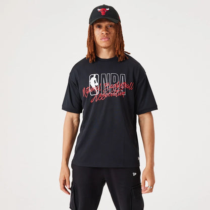 The Male model is wearing NBA Logo Script Black Oversized T-Shirt 3