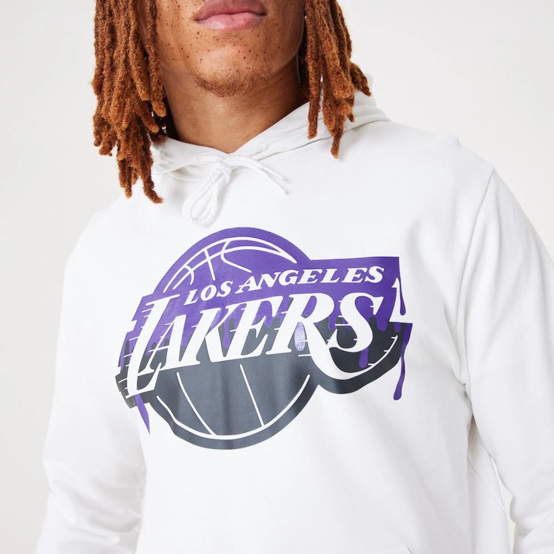 The Male model is wearing LA Lakers NBA Drip Logo White Pullover Hoodie 3