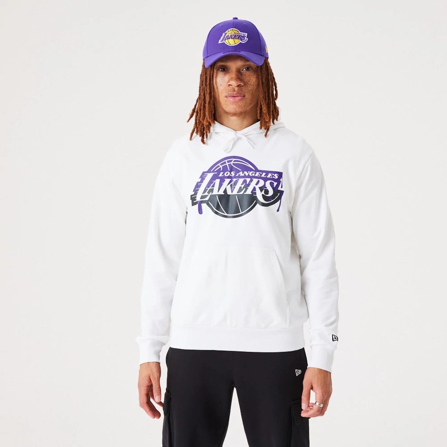 The Male model is wearing LA Lakers NBA Drip Logo White Pullover Hoodie 1