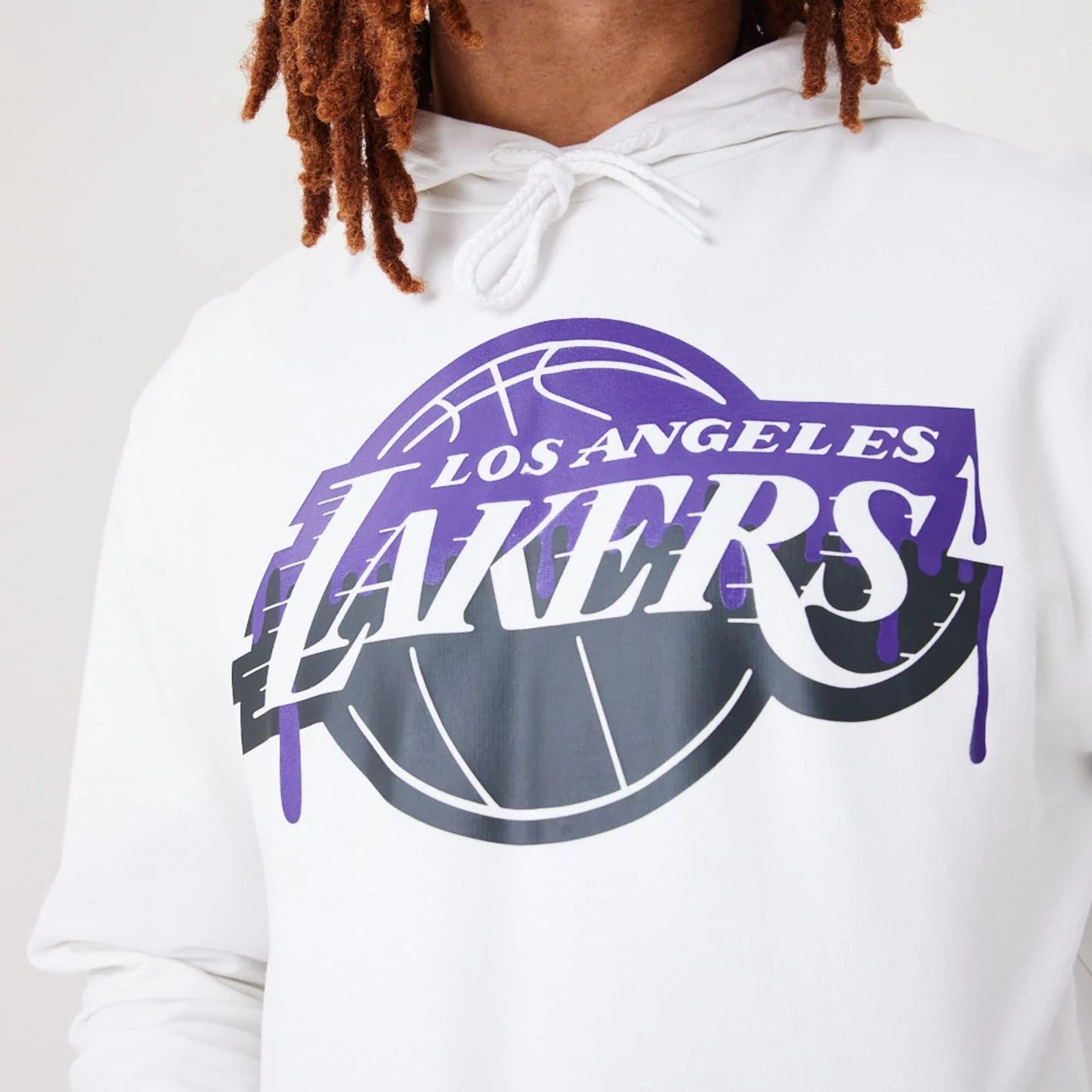 The Male model is wearing LA Lakers NBA Drip Logo White Pullover Hoodie 6