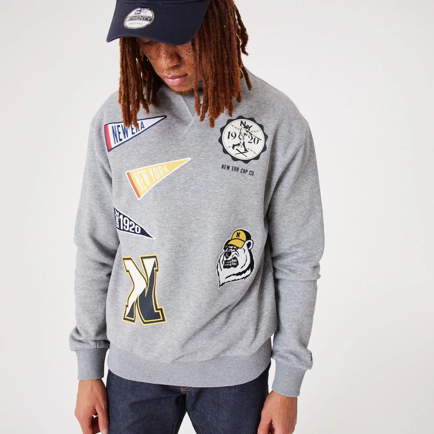 The Male model is wearing New Era Heritage Badge Medium Grey Crew Neck Sweatshirt 7