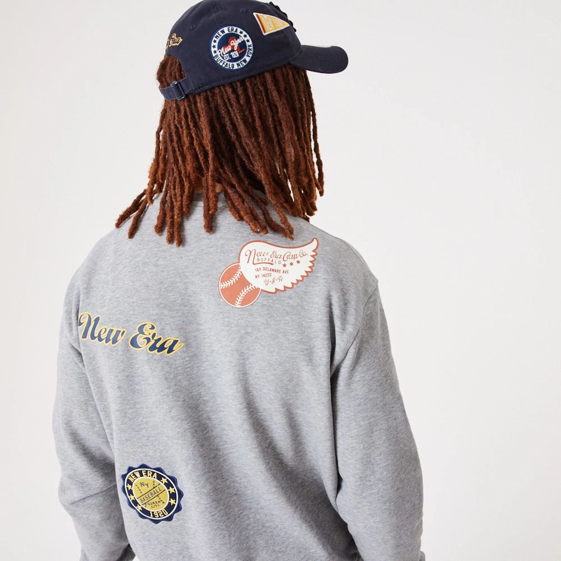 The Male model is wearing New Era Heritage Badge Medium Grey Crew Neck Sweatshirt 9