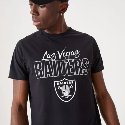 The Male model is wearing Las Vegas Raiders NFL Script Black T-Shirt 5