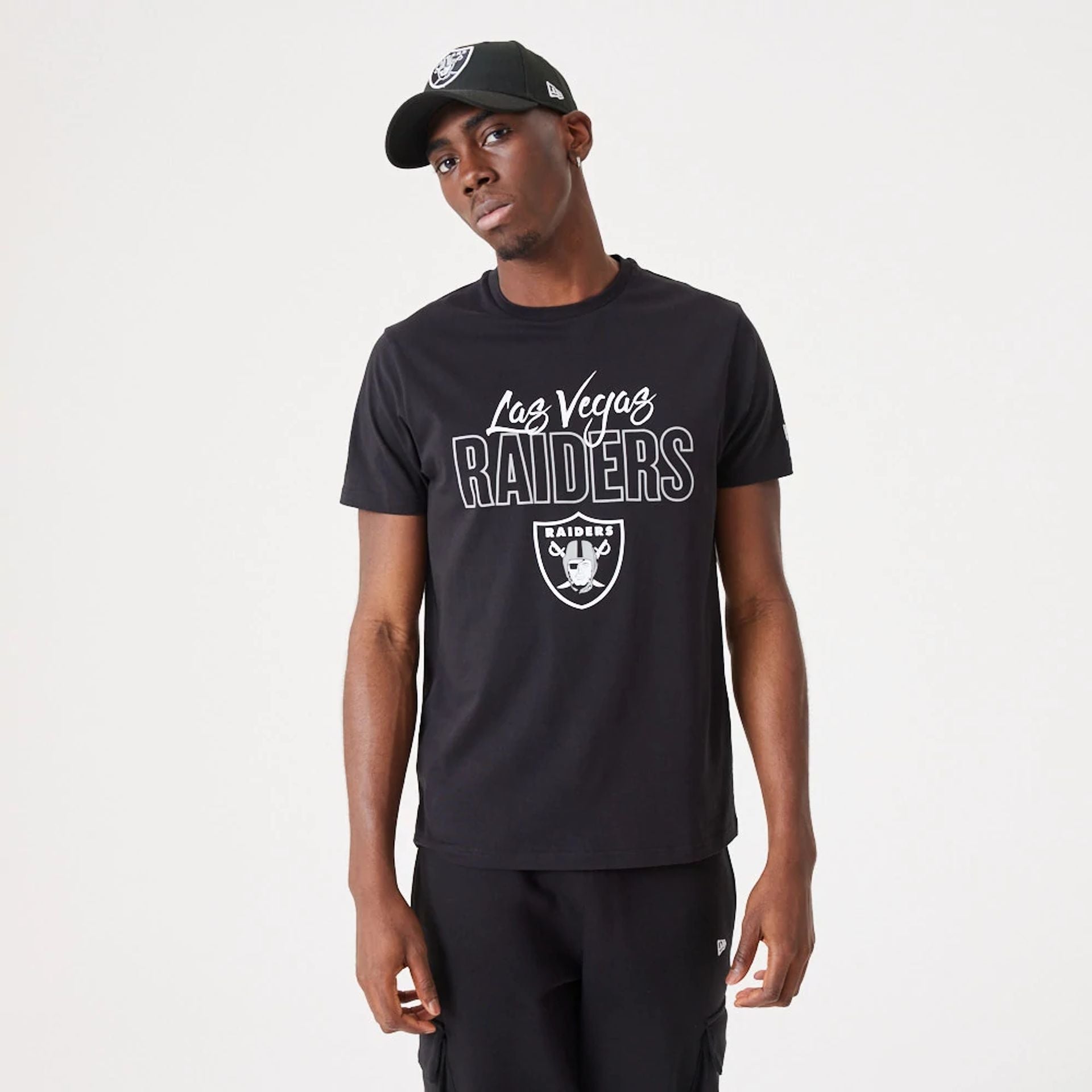 The Male model is wearing Las Vegas Raiders NFL Script Black T-Shirt 1