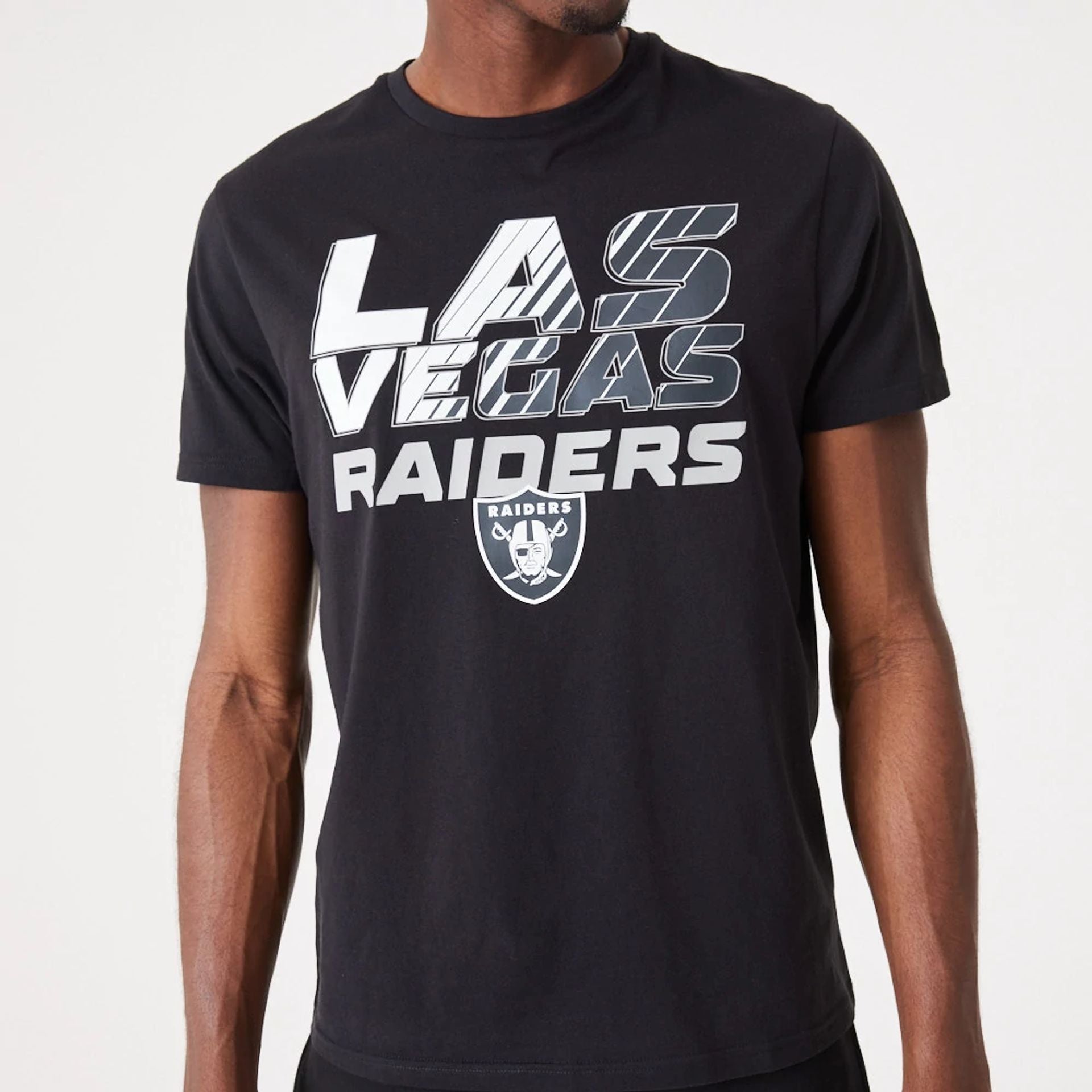 The Male model is wearing Las Vegas Raiders NFL Gradient Wordmark Black T-Shirt 5