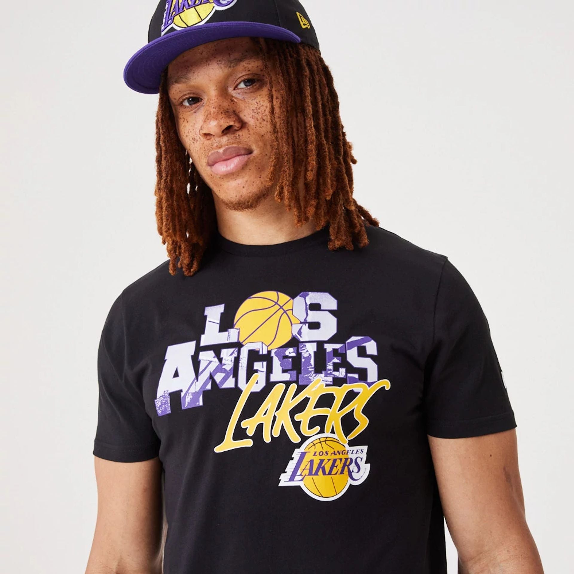 The Male model is wearing LA Lakers NBA Infill Graphic Black T-Shirt 3