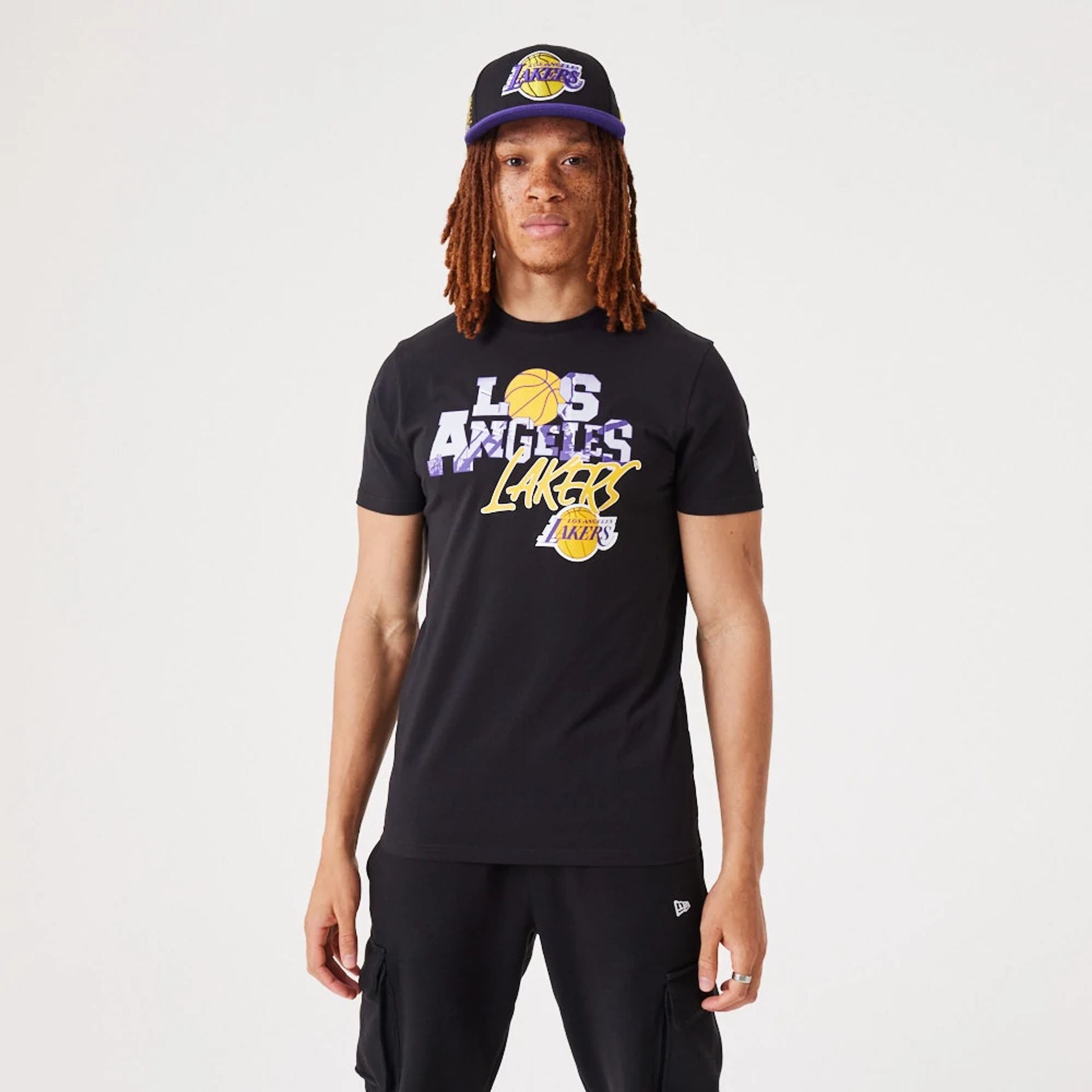 The Male model is wearing LA Lakers NBA Infill Graphic Black T-Shirt 1