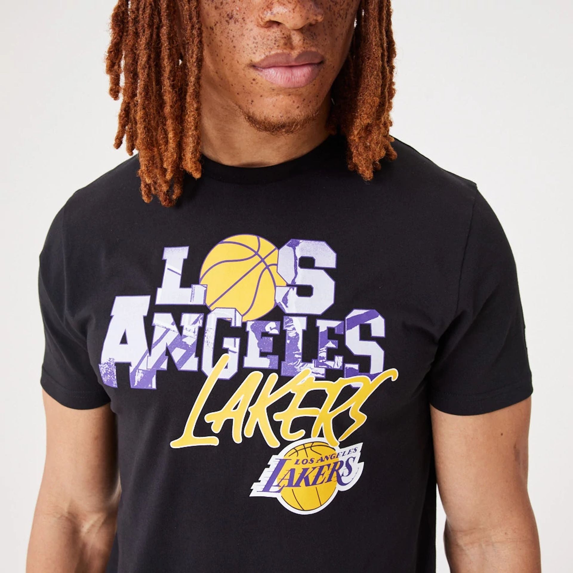 The Male model is wearing LA Lakers NBA Infill Graphic Black T-Shirt 5