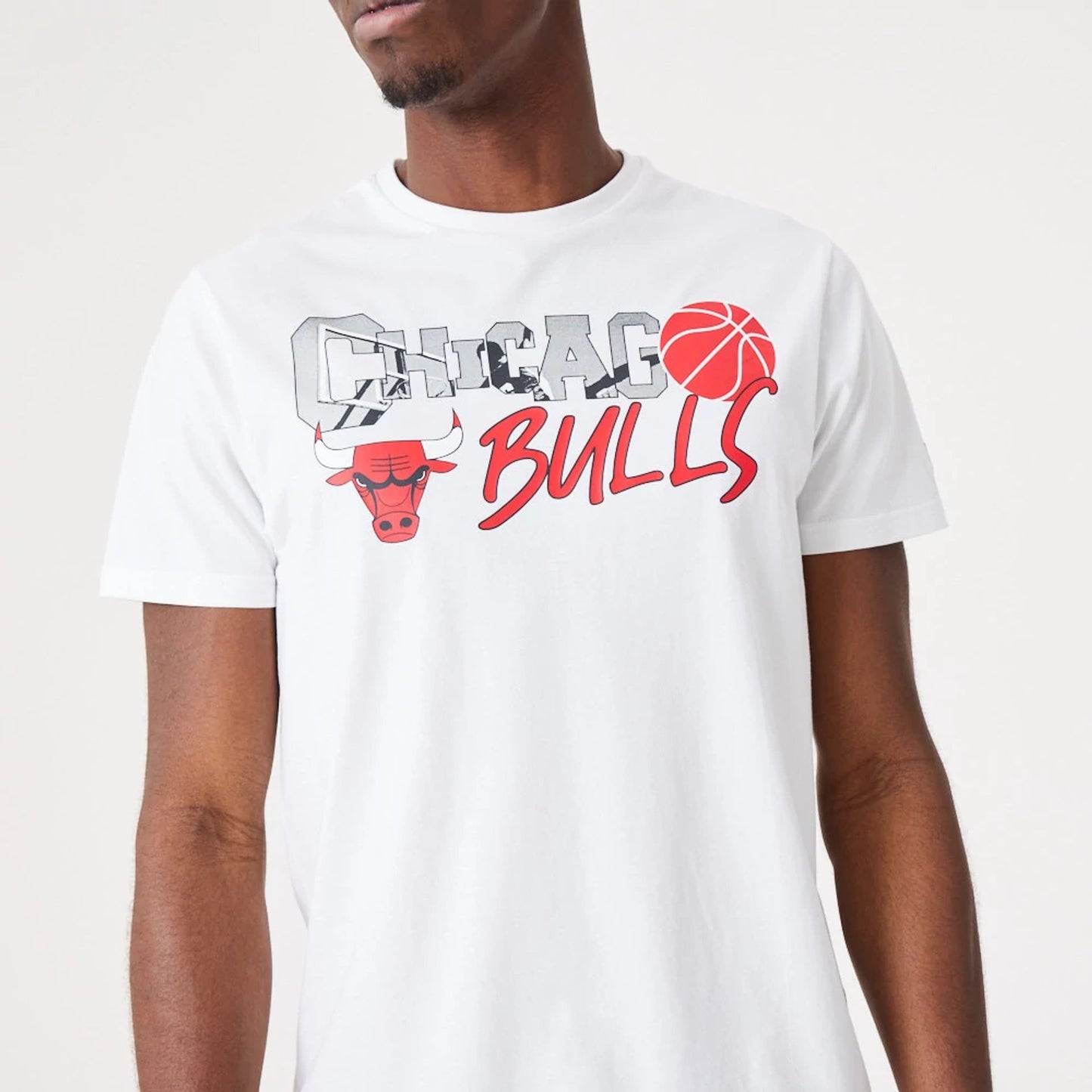 The Male model is wearing Chicago Bulls NBA Infill Graphic White T-Shirt 3