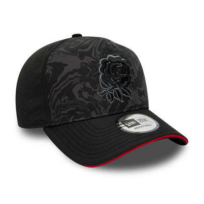 This is a England Rugby All Over Print Black 9FORTY A-Frame Trucker Cap 1