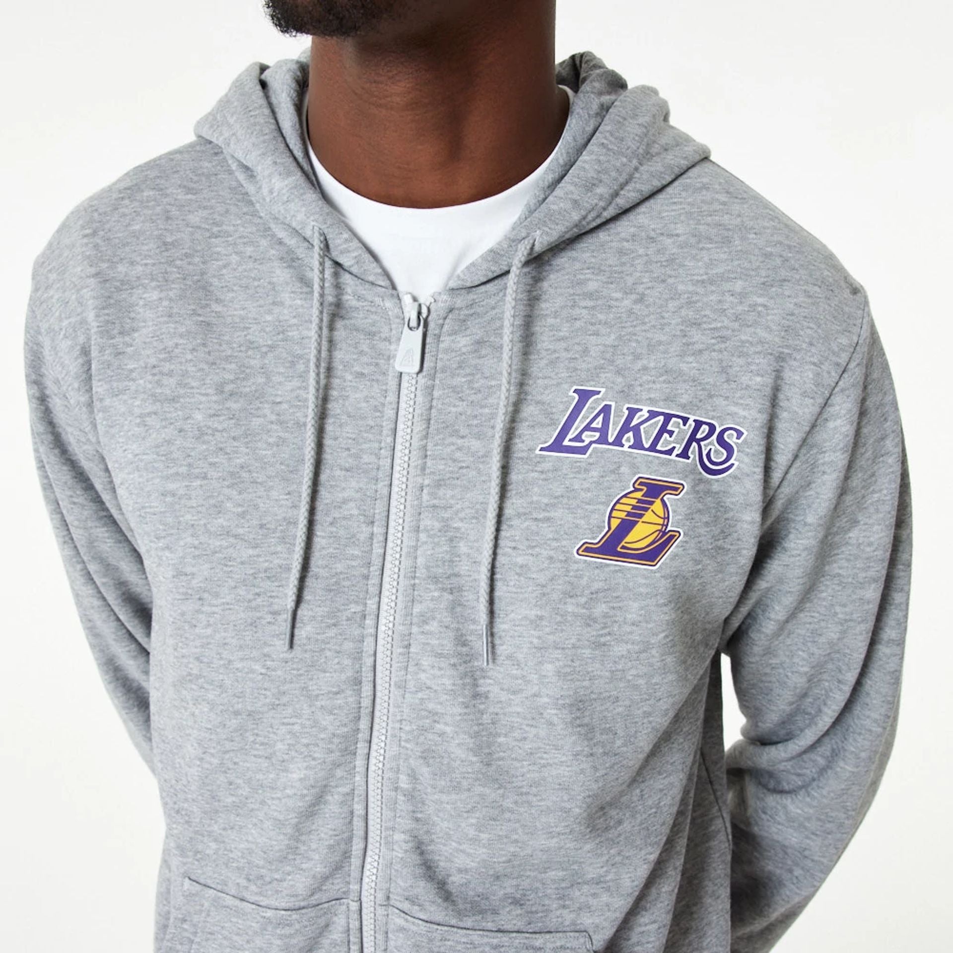 The Male model is wearing LA Lakers NBA Essentials Medium Grey Full Zip Hoodie 2