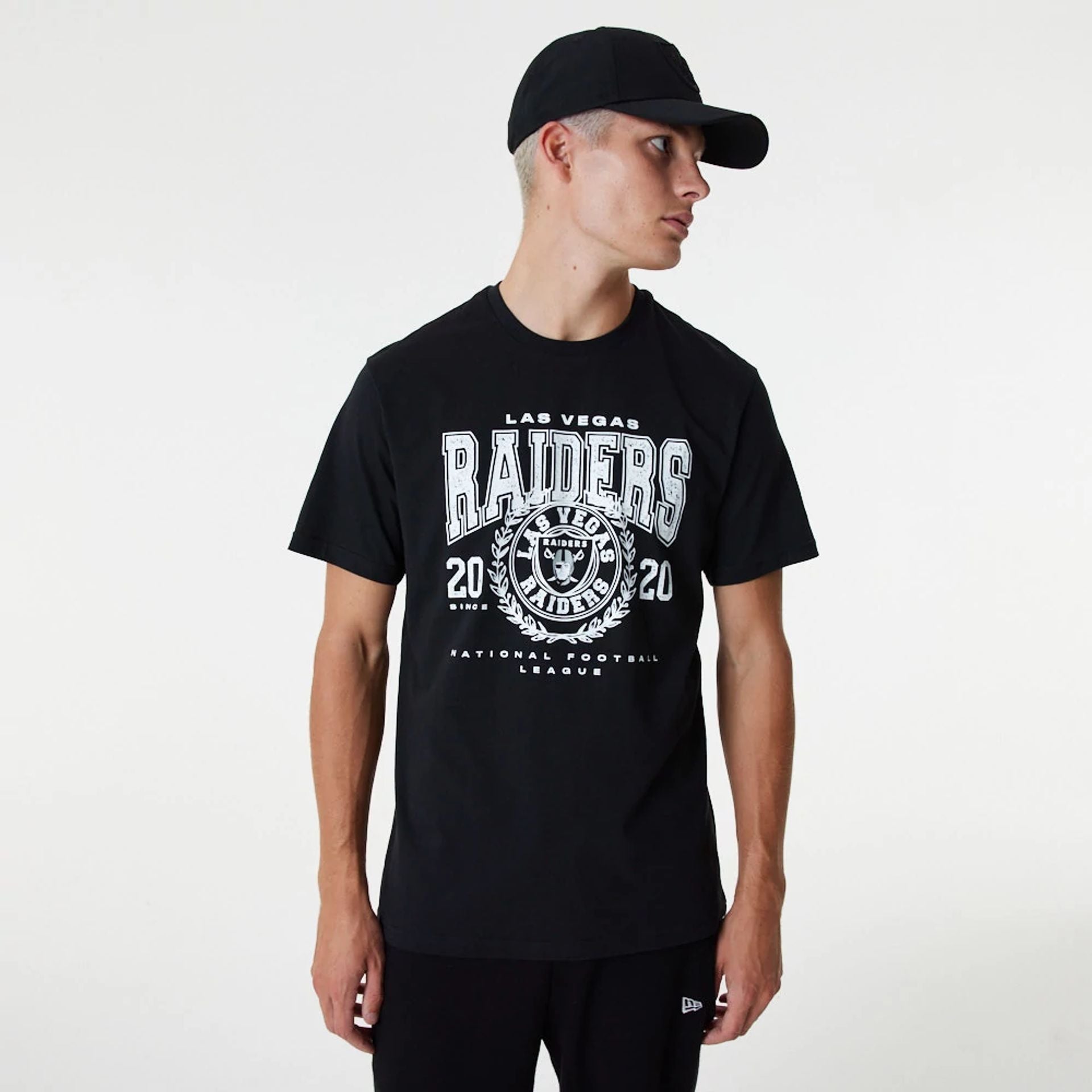 The Male model is wearing NFL Team Graphic Las Vegas Raiders Black T-Shirt 5