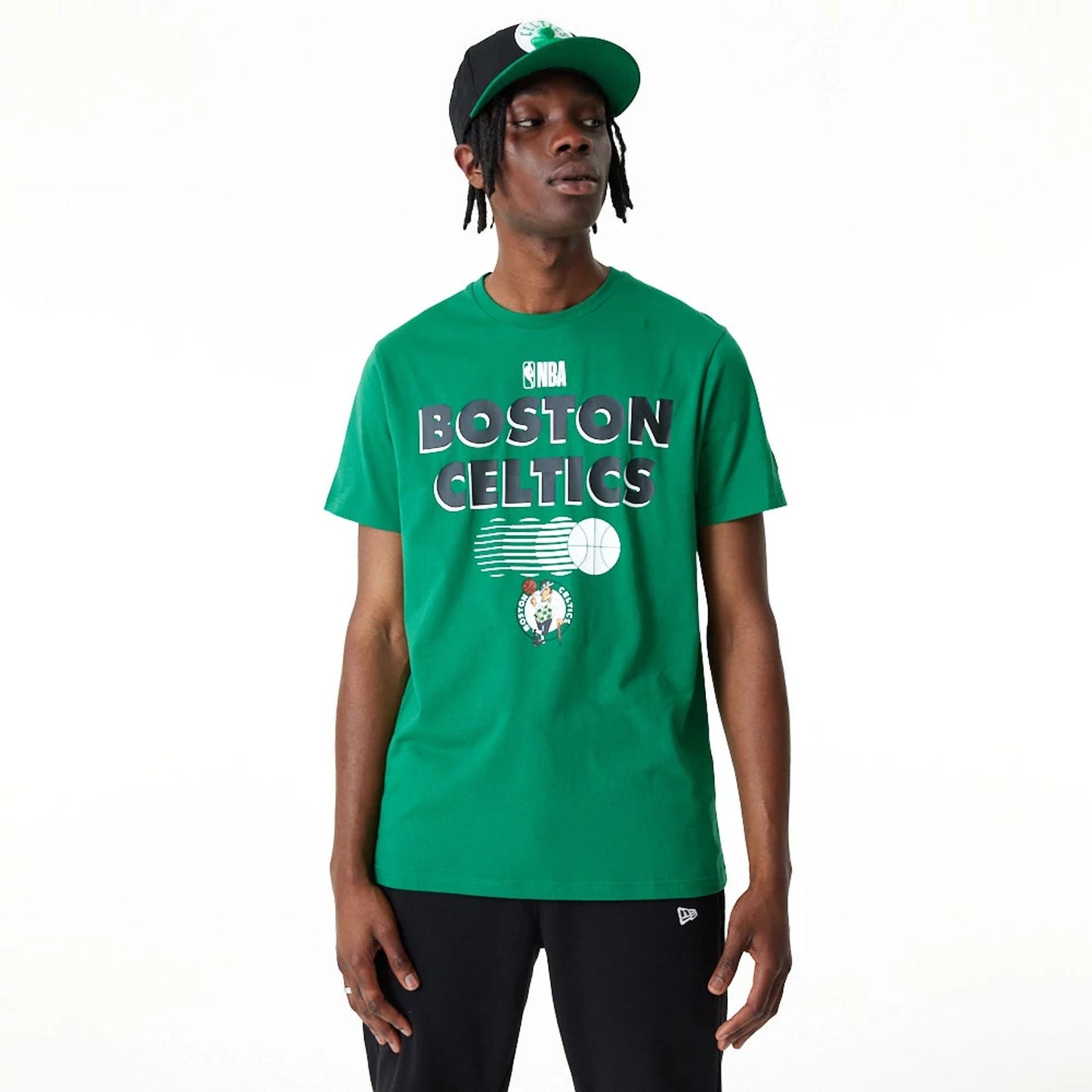 The Male model is wearing Boston Celtics Green NBA Graphic T-Shirt 1