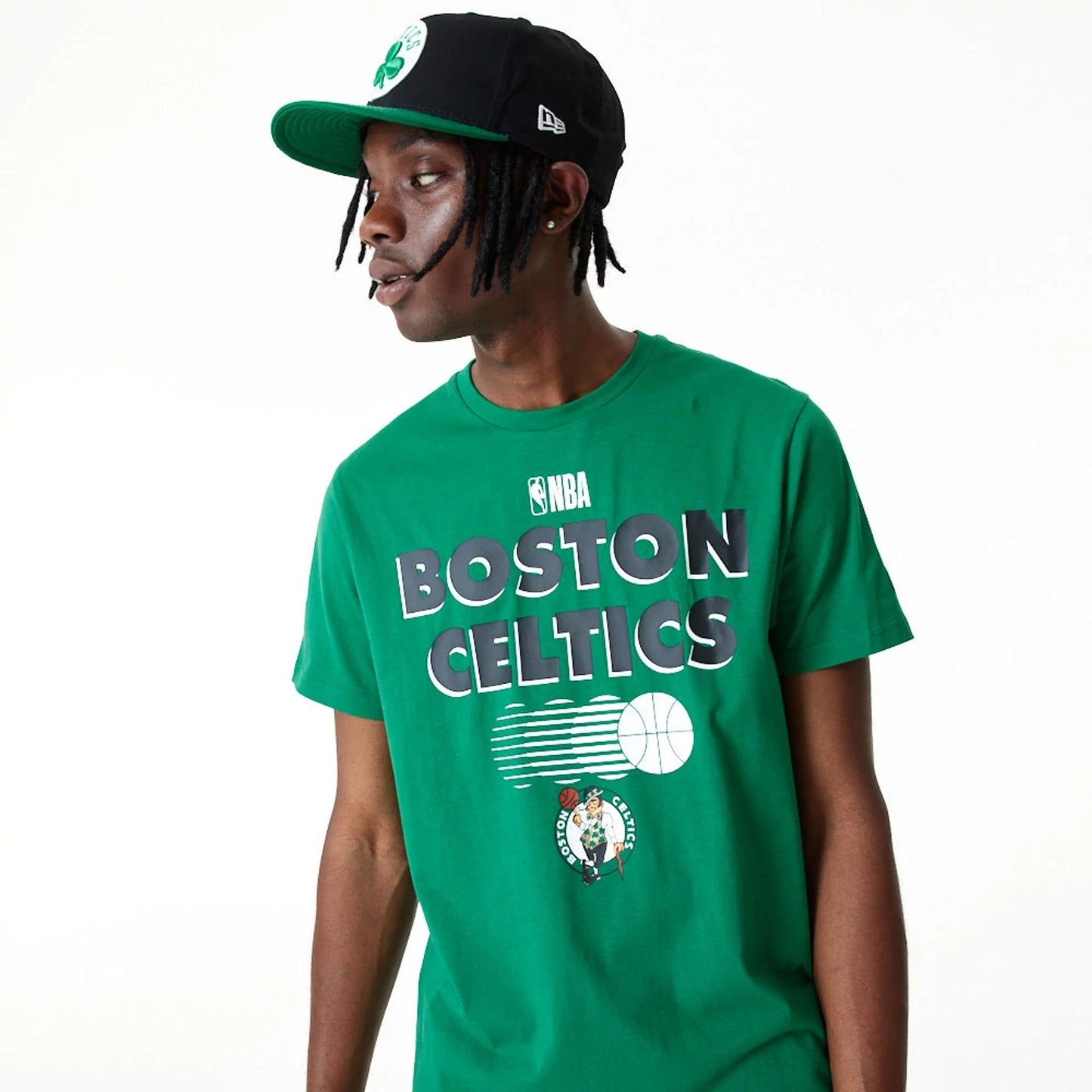 The Male model is wearing Boston Celtics Green NBA Graphic T-Shirt 2