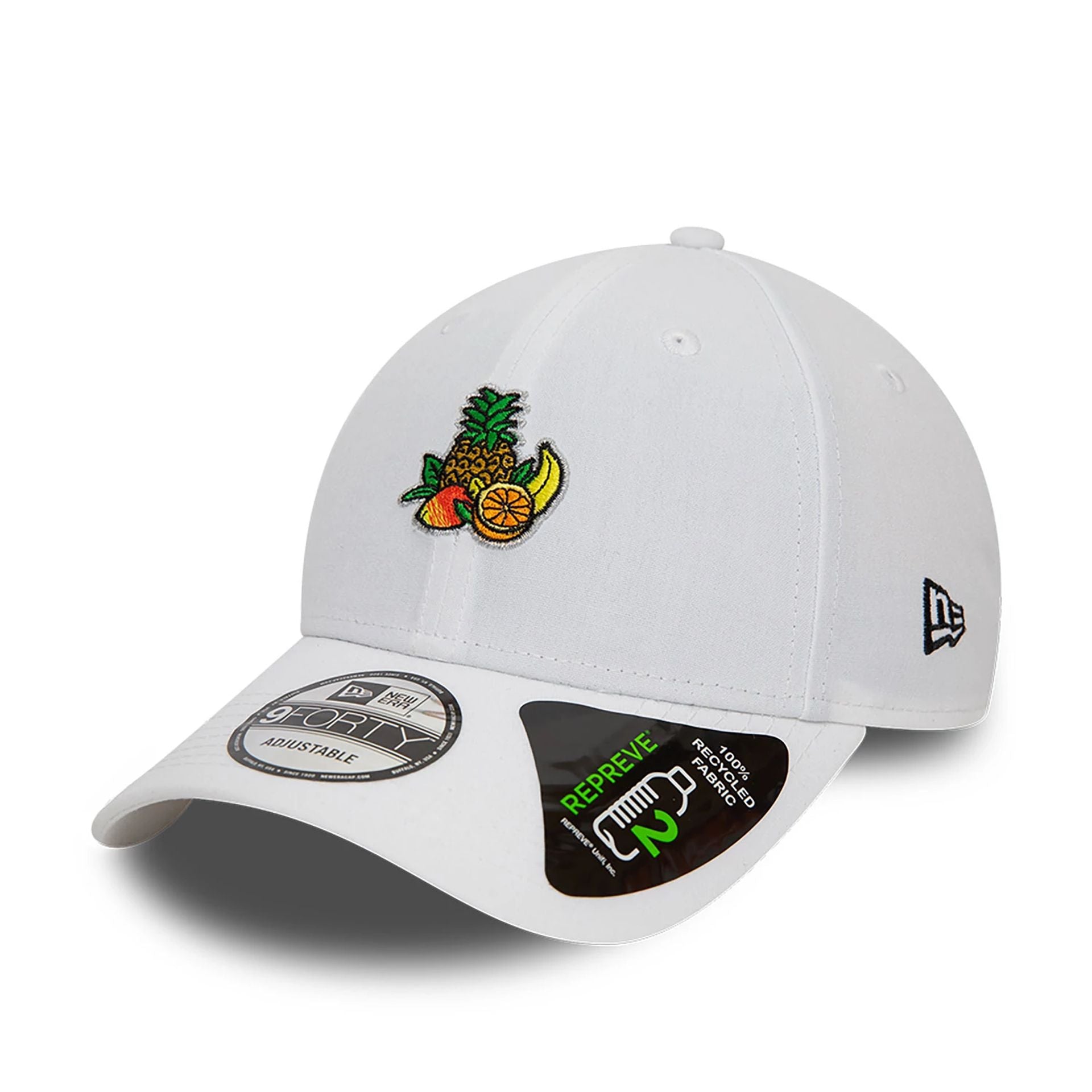 This is a New Era Fruit Food Icon White 9FORTY Adjustable Cap 1