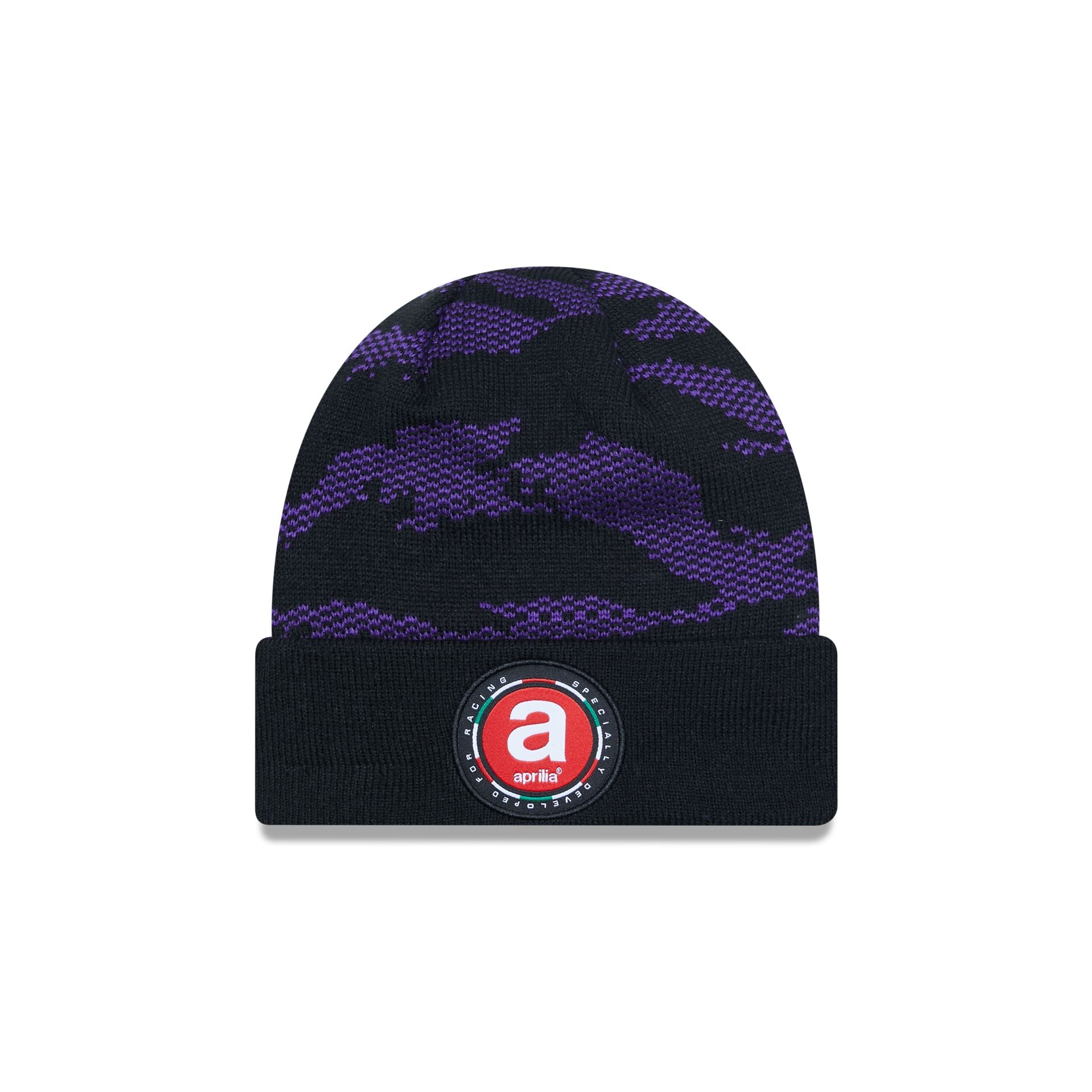 This is a Aprilia All Over Print Black Cuff Knit Beanie Hat 1