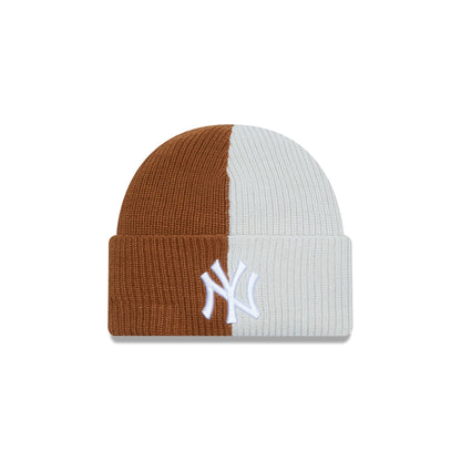 This is a New York Yankees Two Tone Beige Cuff Knit Beanie Hat 1