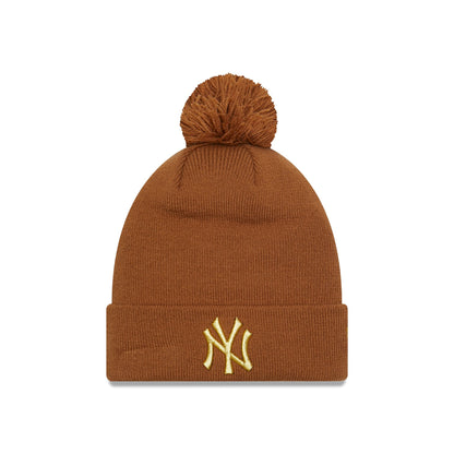 This is a New York Yankees Metallic Pom Brown Womens Bobble Knit Beanie Hat 3