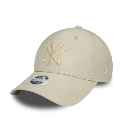 This is a New York Yankees Faux Leather Womens Light Beige 9FORTY Adjustable Cap 1