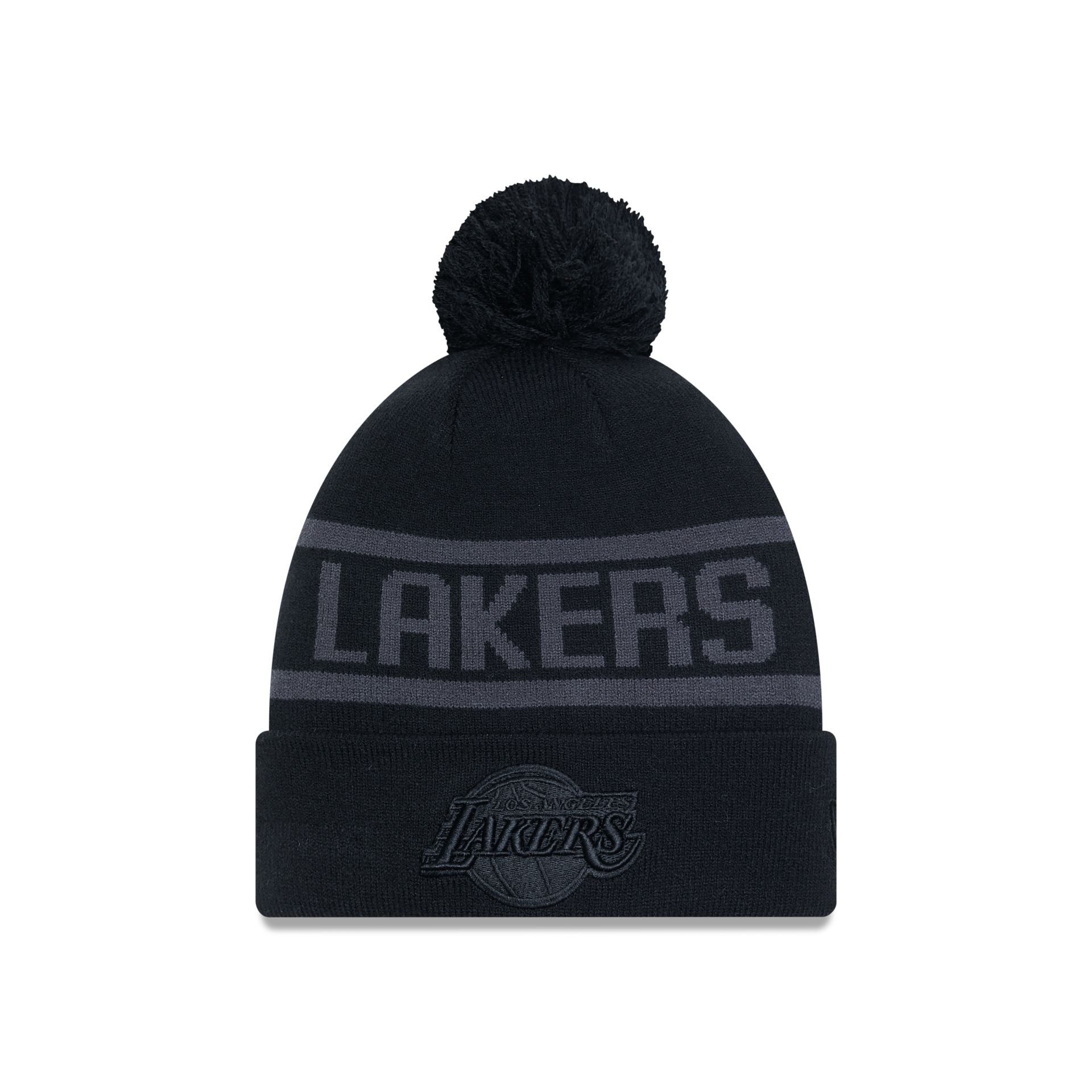 This is a LA Lakers Tonal Jake Black Bobble Knit Beanie Hat 1