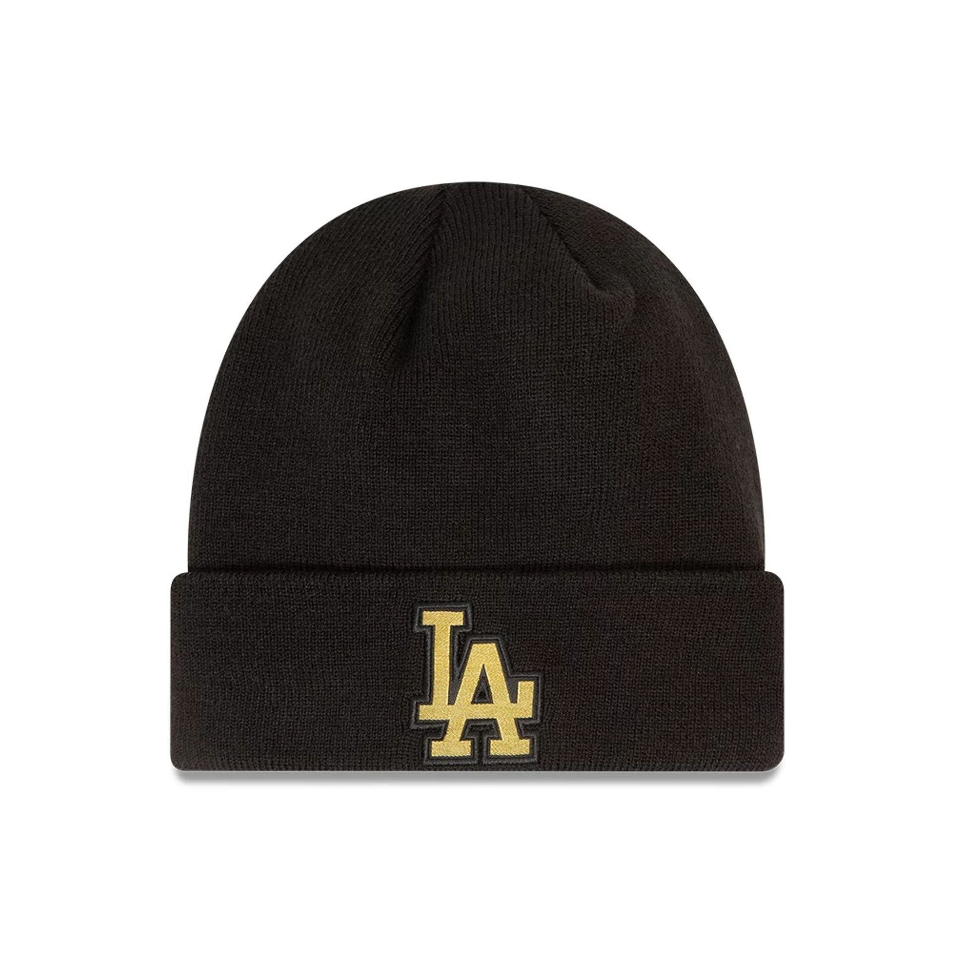 This is a LA Dodgers Metallic Badge Black Cuff Knit Beanie Hat 1