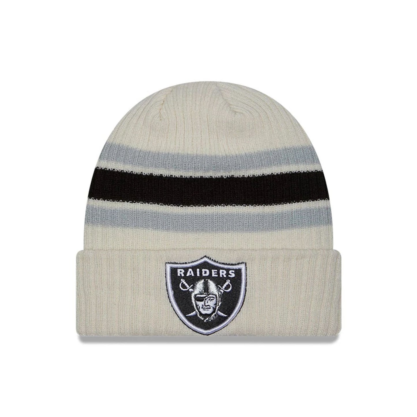 This is a Las Vegas Raiders NFL Light Beige Cuff Knit Beanie Hat 1