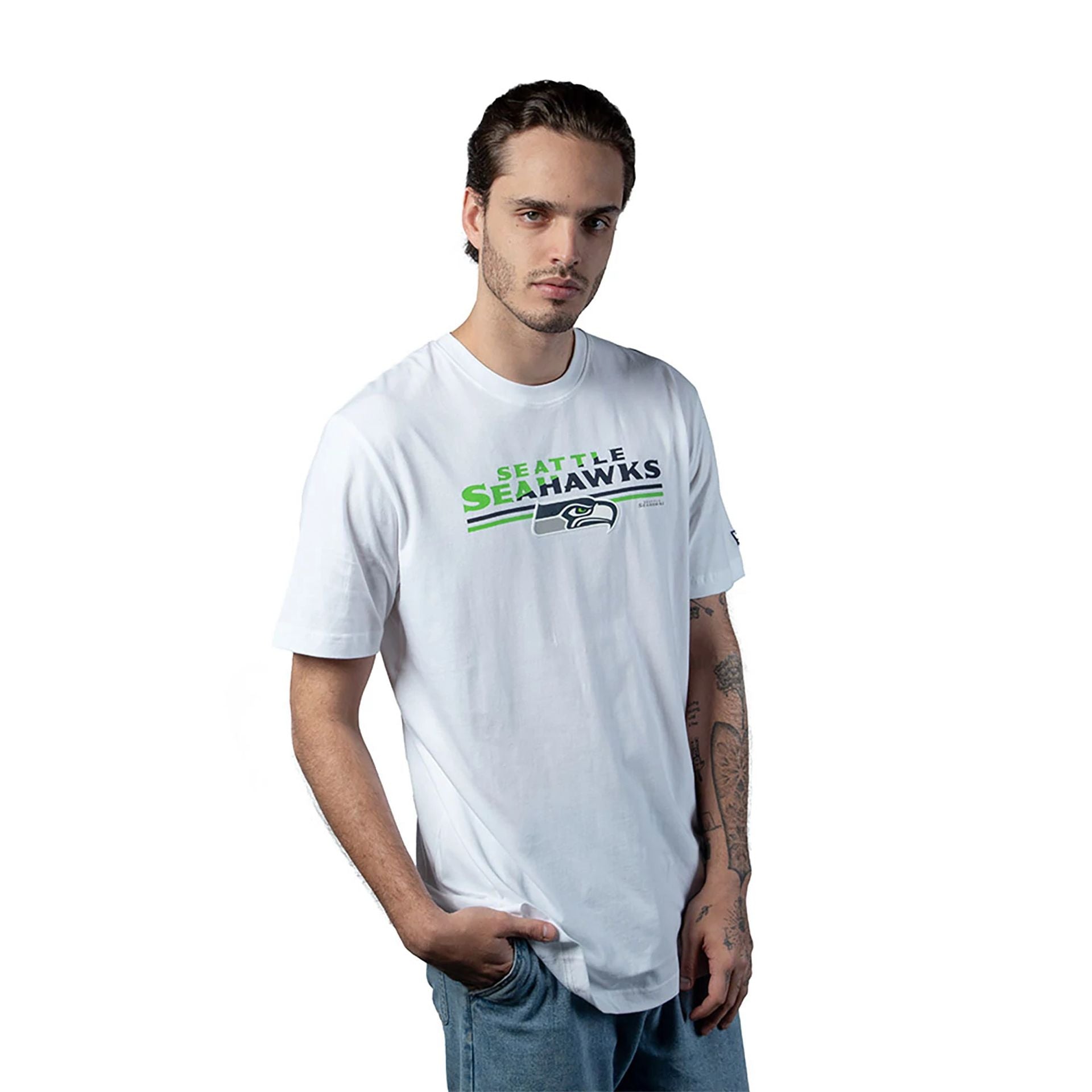 The Male model is wearing Seattle Seahawks NFL Sideline 2023 White T-Shirt 1