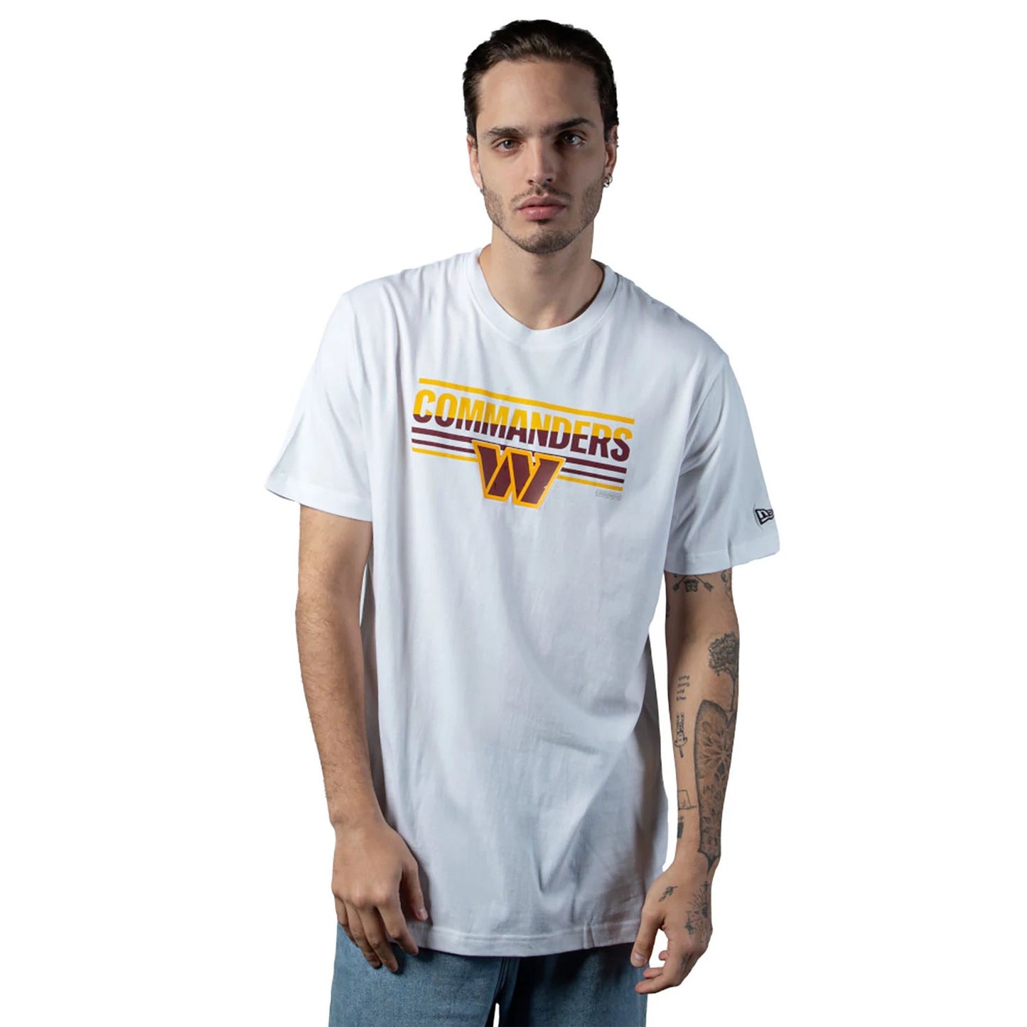 The Male model is wearing Washington Commanders NFL Sideline 2023 White T-Shirt 1