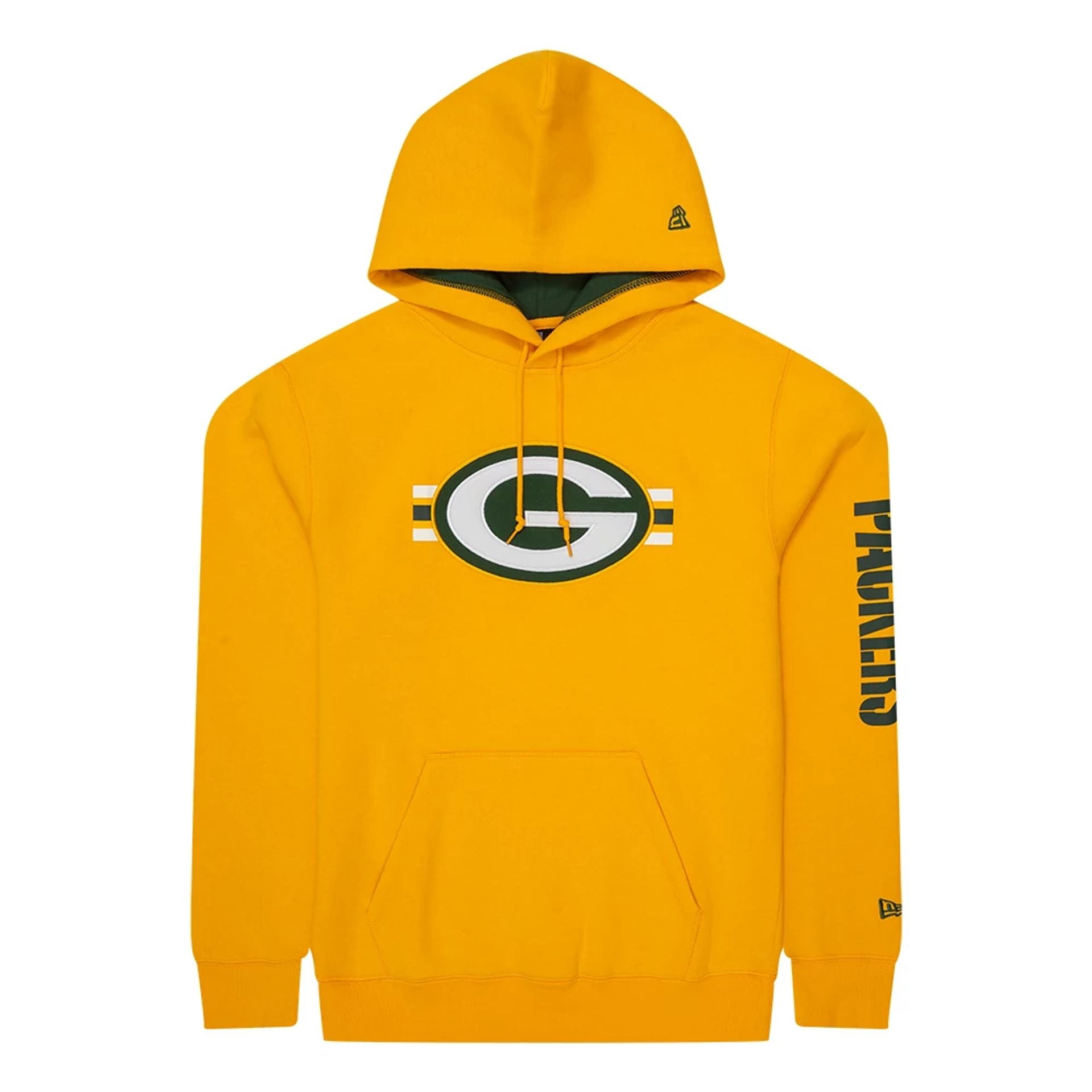 The Male model is wearing Green Bay Packers NFL Sideline 2023 Third Down Yellow Oversized Pullover Hoodie 1