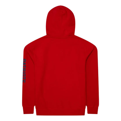 The Male model is wearing New England Patriots NFL Sideline 2023 Third Down Red Oversized Pullover Hoodie 2