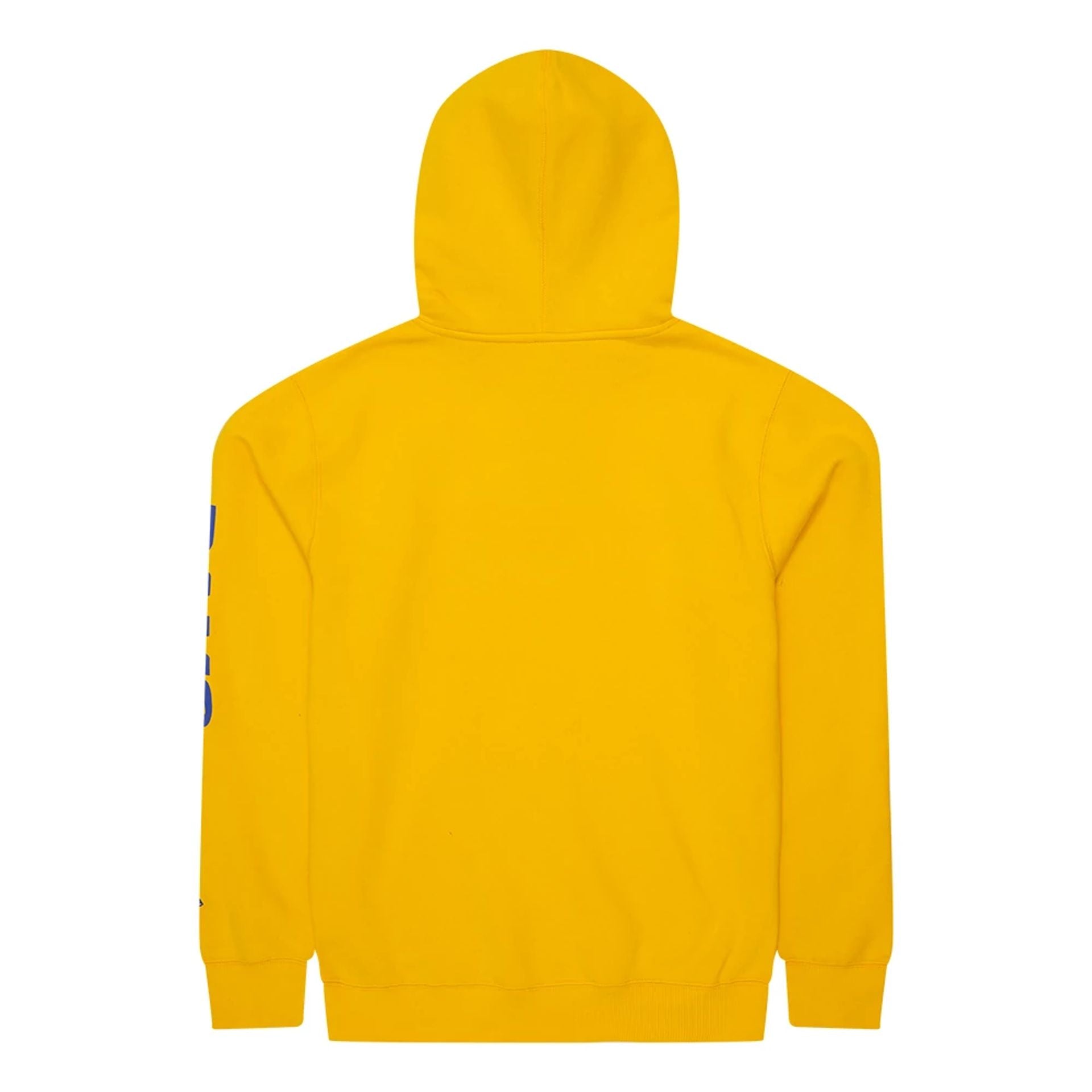 The Male model is wearing LA Rams NFL Sideline 2023 Third Down Yellow Oversized Pullover Hoodie 2