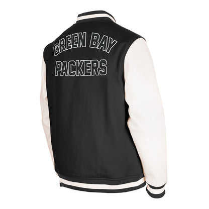 The Male model is wearing Green Bay Packers NFL Sideline 2023 Third Down Black Varsity Jacket 4