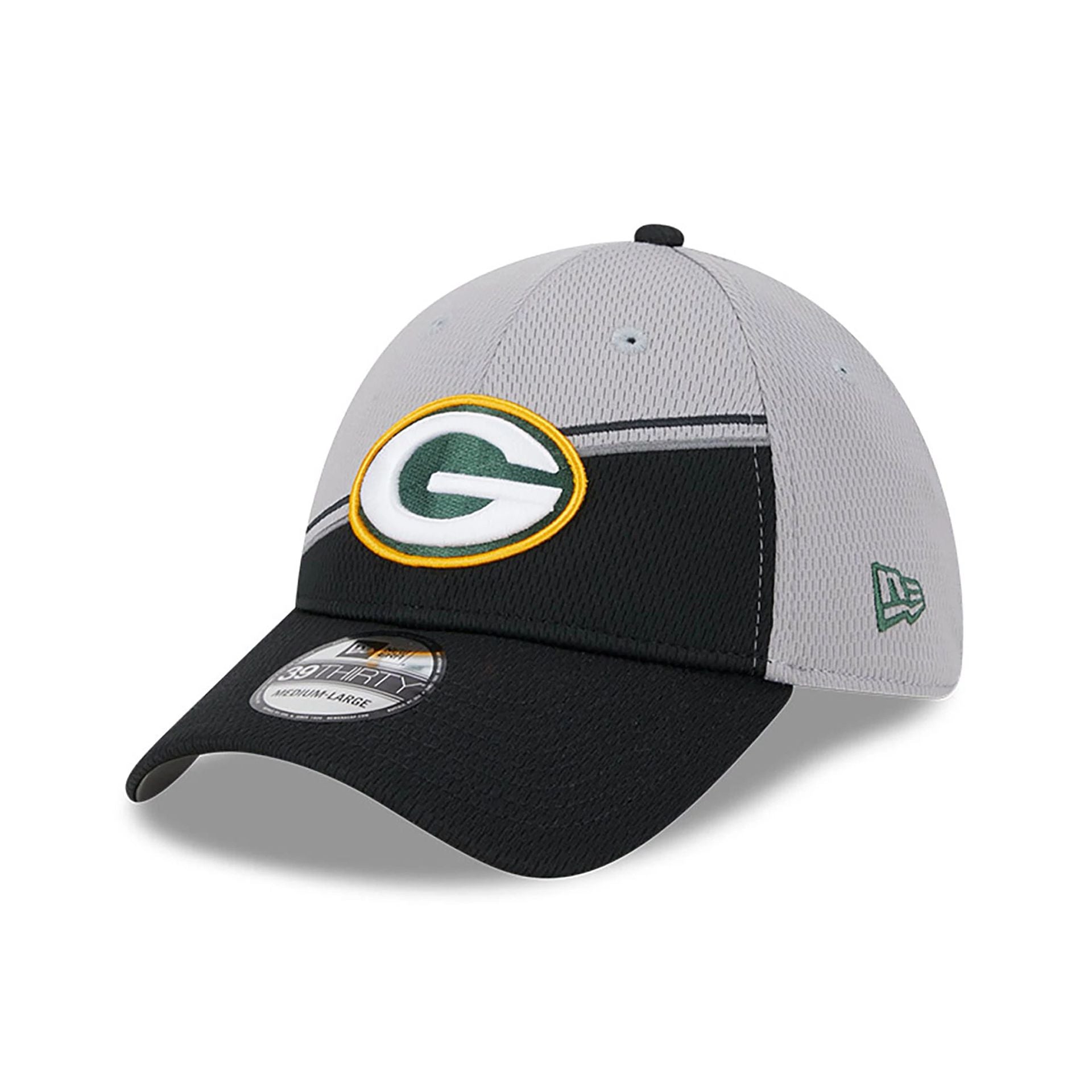 This is a Green Bay Packers NFL Sideline 2023 Grey 39THIRTY Stretch Fit Cap 1