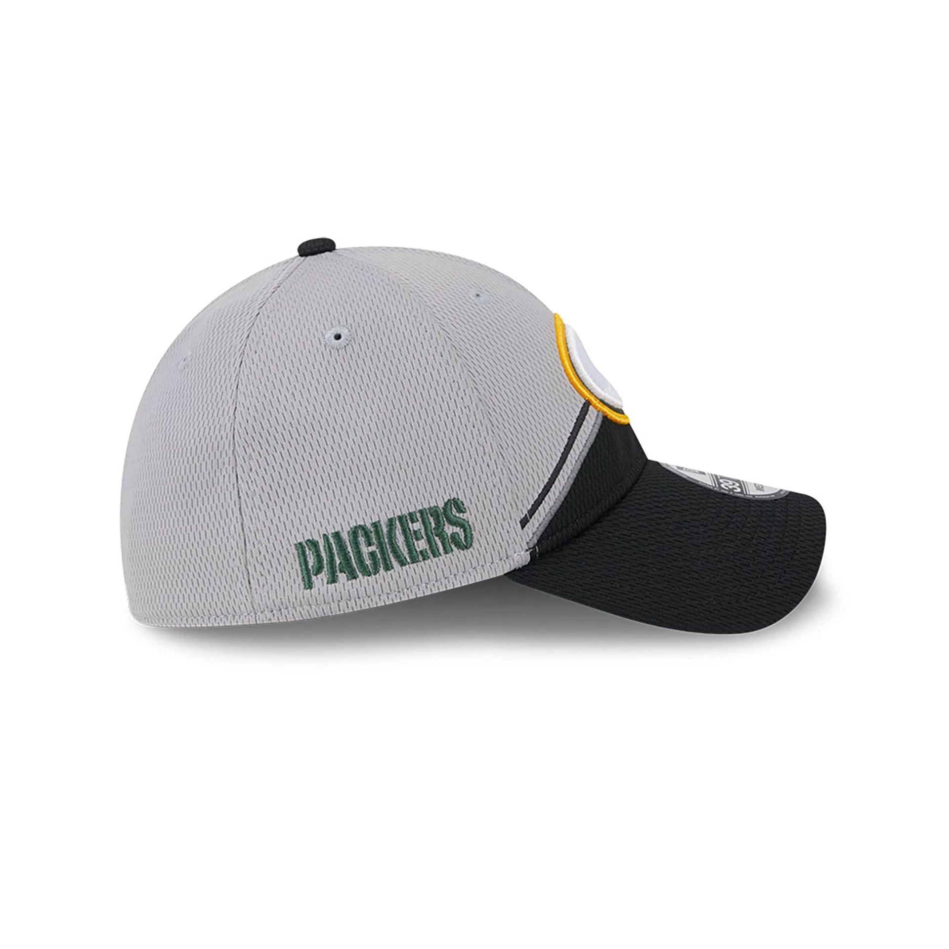 This is a Green Bay Packers NFL Sideline 2023 Grey 39THIRTY Stretch Fit Cap 7