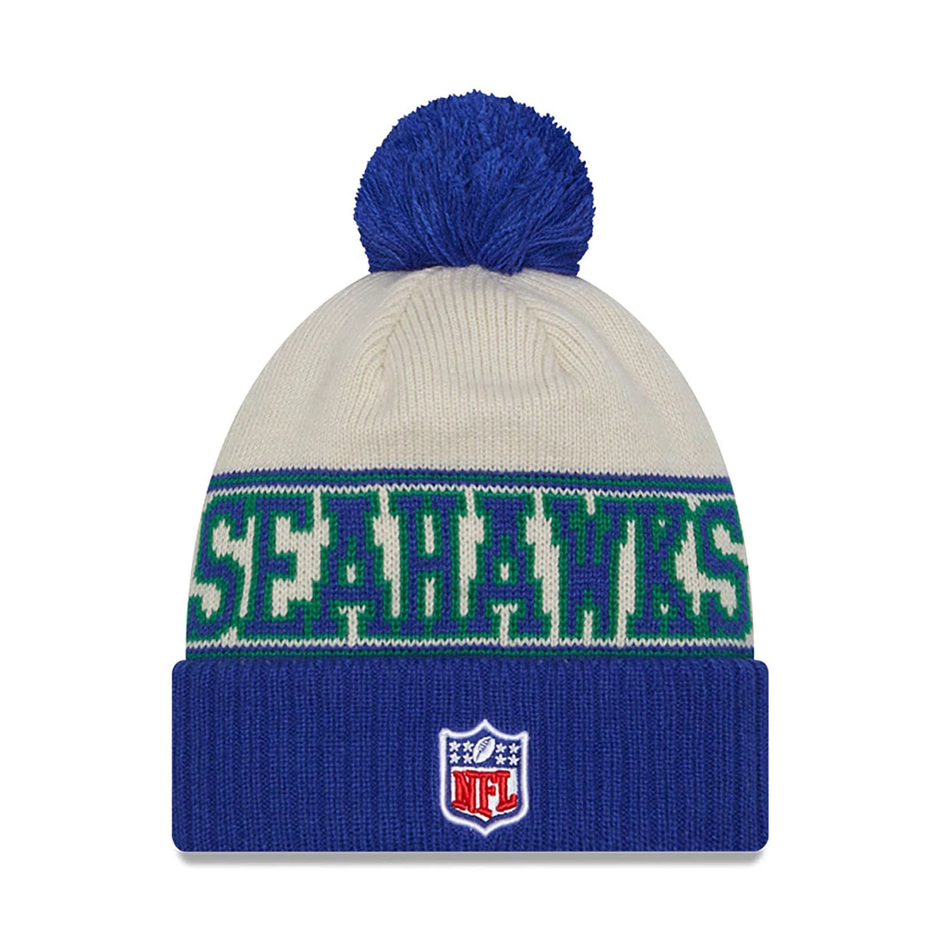 This is a Seattle Seahawks NFL Sideline 2023 Blue Bobble Knit Beanie Hat 2