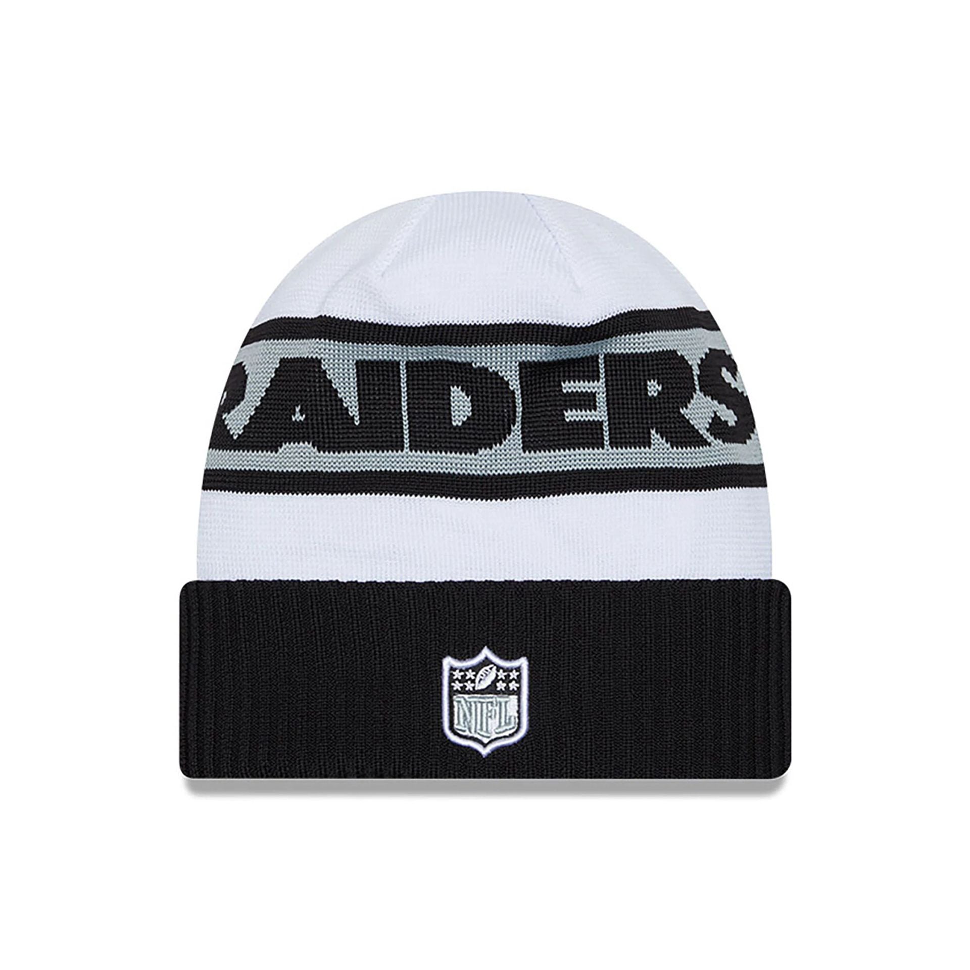 This is a Las Vegas Raiders NFL Sideline 2023 Grey Cuff Knit Beanie Hat 1