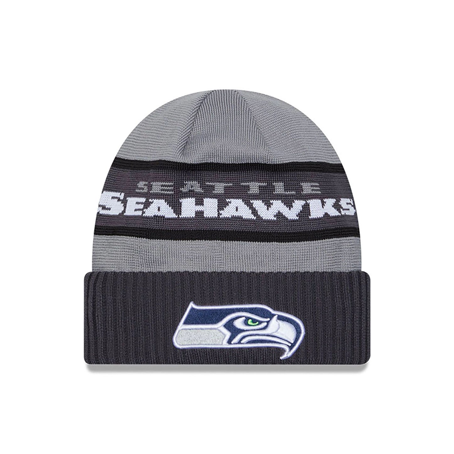 This is a Seattle Seahawks NFL 2023 Sideline Grey Cuff Knit Beanie Hat 2