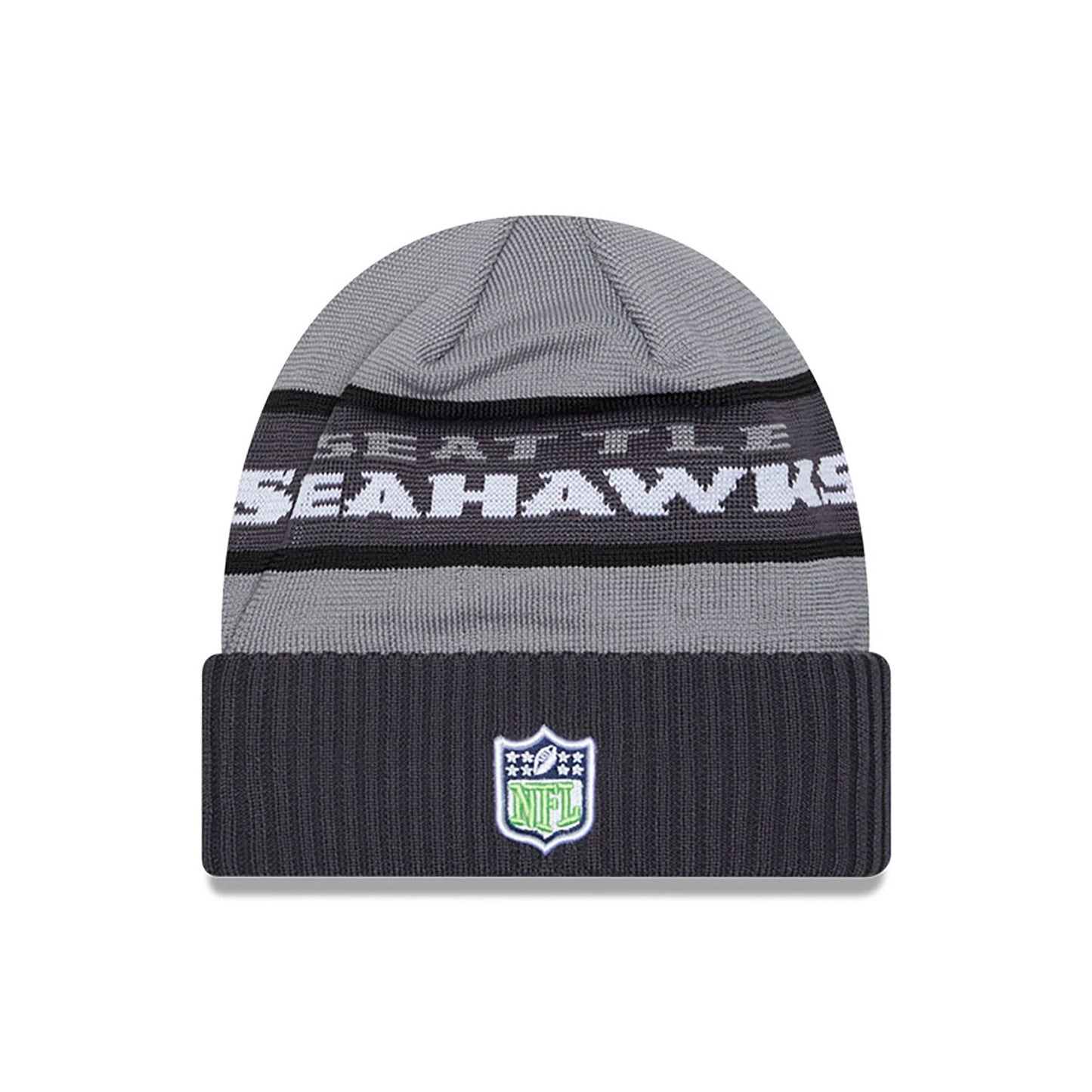 This is a Seattle Seahawks NFL 2023 Sideline Grey Cuff Knit Beanie Hat 1