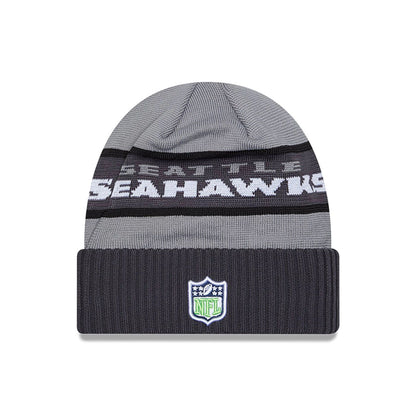 This is a Seattle Seahawks NFL 2023 Sideline Grey Cuff Knit Beanie Hat 1