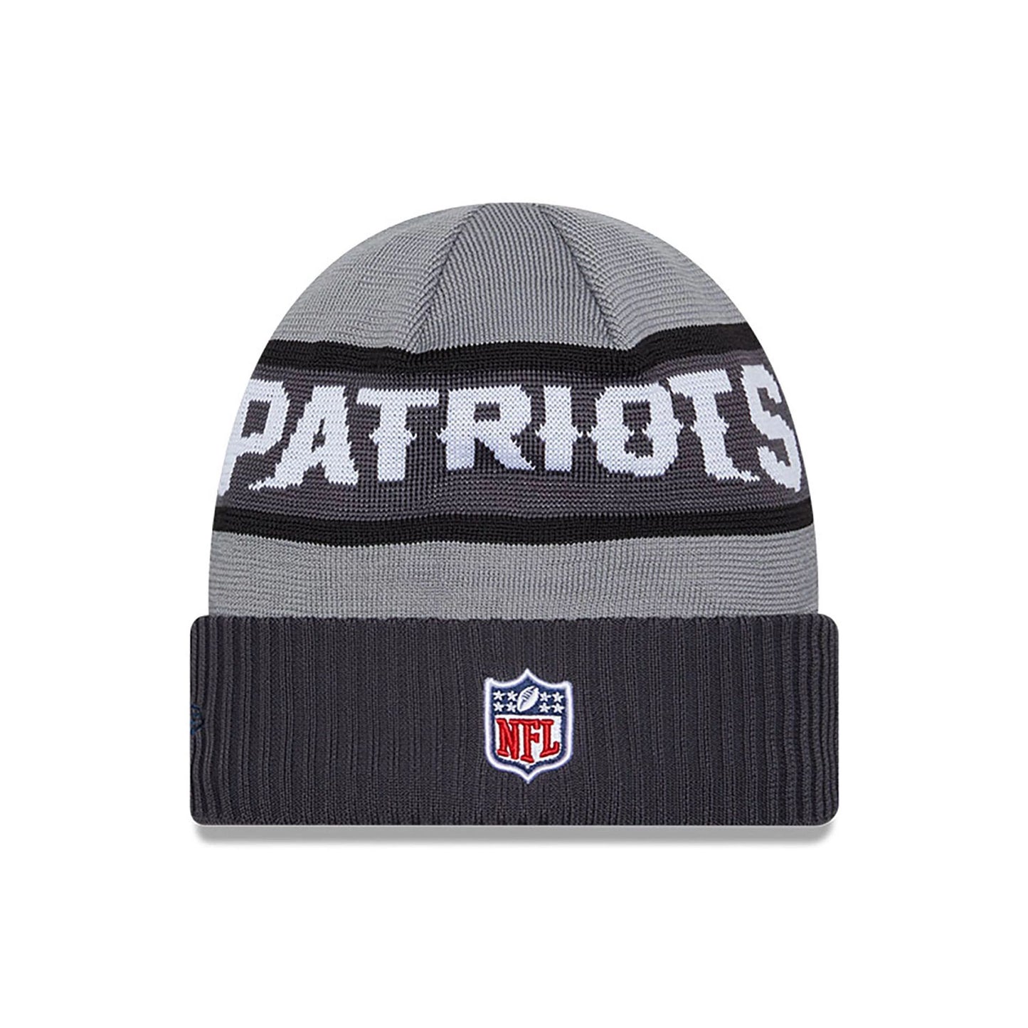 This is a New England Patriots NFL Sideline 2023 Grey Cuff Knit Beanie Hat 1