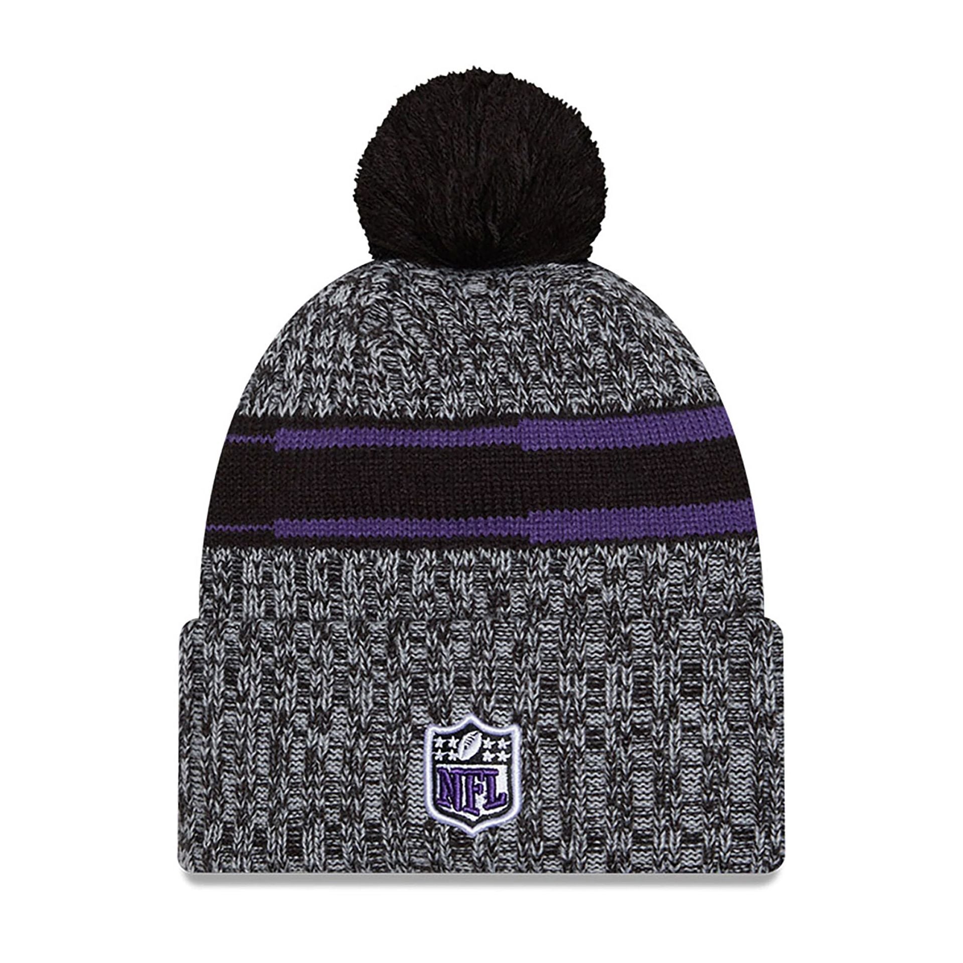 This is a Baltimore Ravens NFL Sideline 2023 Black Bobble Knit Hat 1