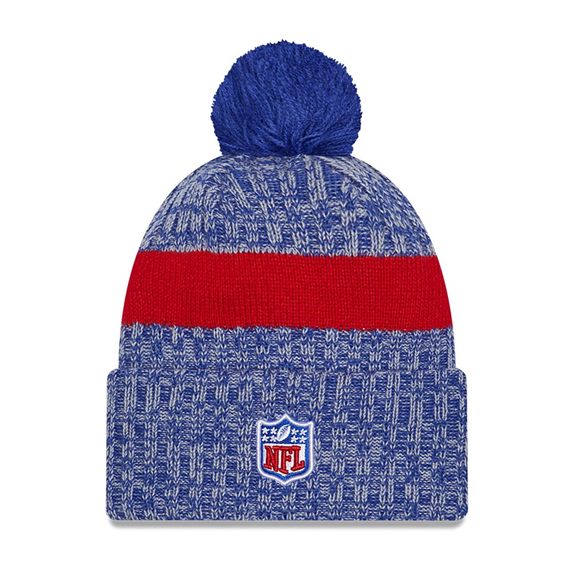 This is a New York Giants NFL Sideline 2023 Blue Bobble Knit Hat 1