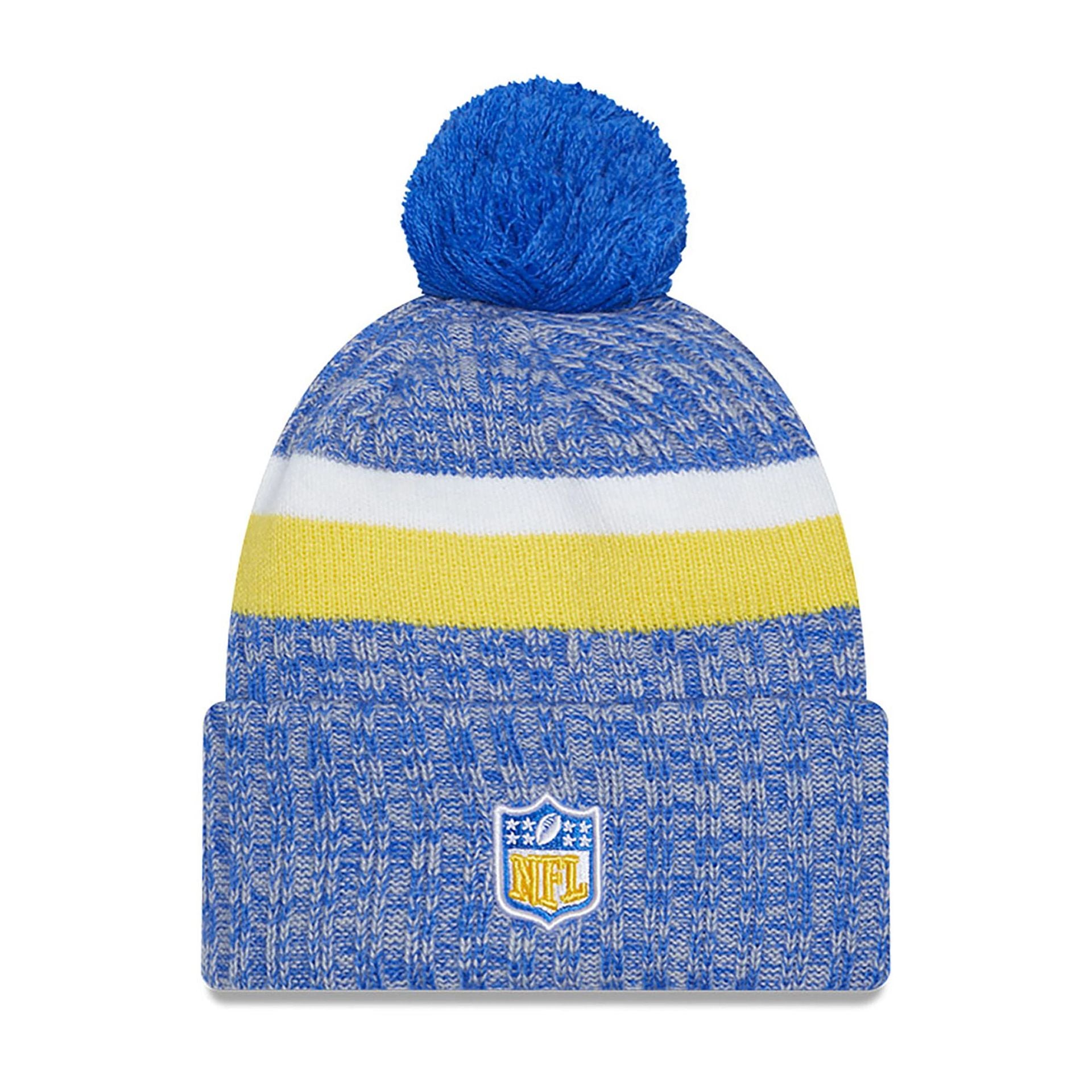 This is a LA Rams NFL Sideline 2023 Blue Bobble Knit Hat 1