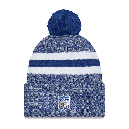 This is a Indianapolis Colts NFL Sideline 2023 Blue Bobble Knit Hat 1