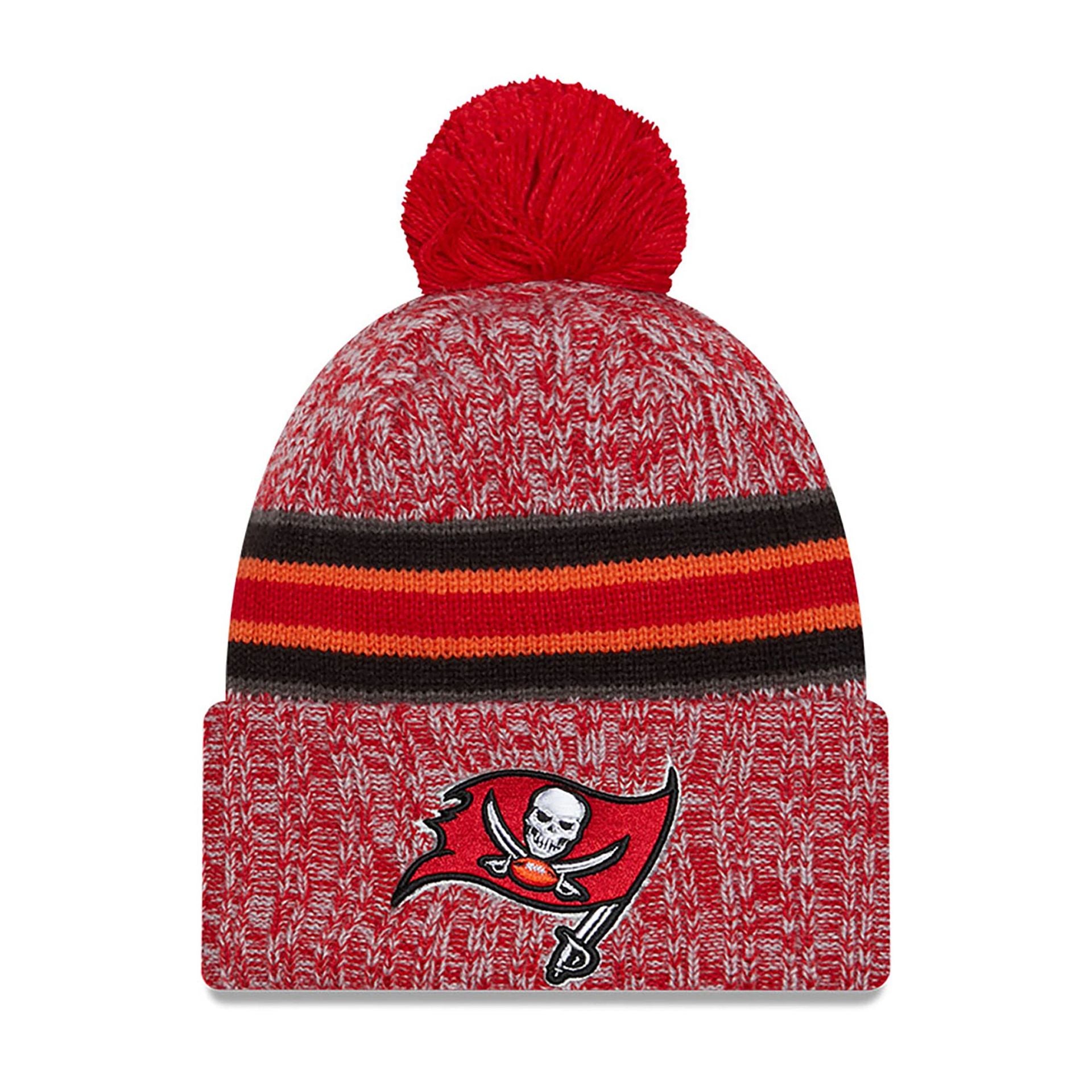 This is a Tampa Bay Buccaneers NFL Sideline 2023 Red Bobble Knit Hat 2