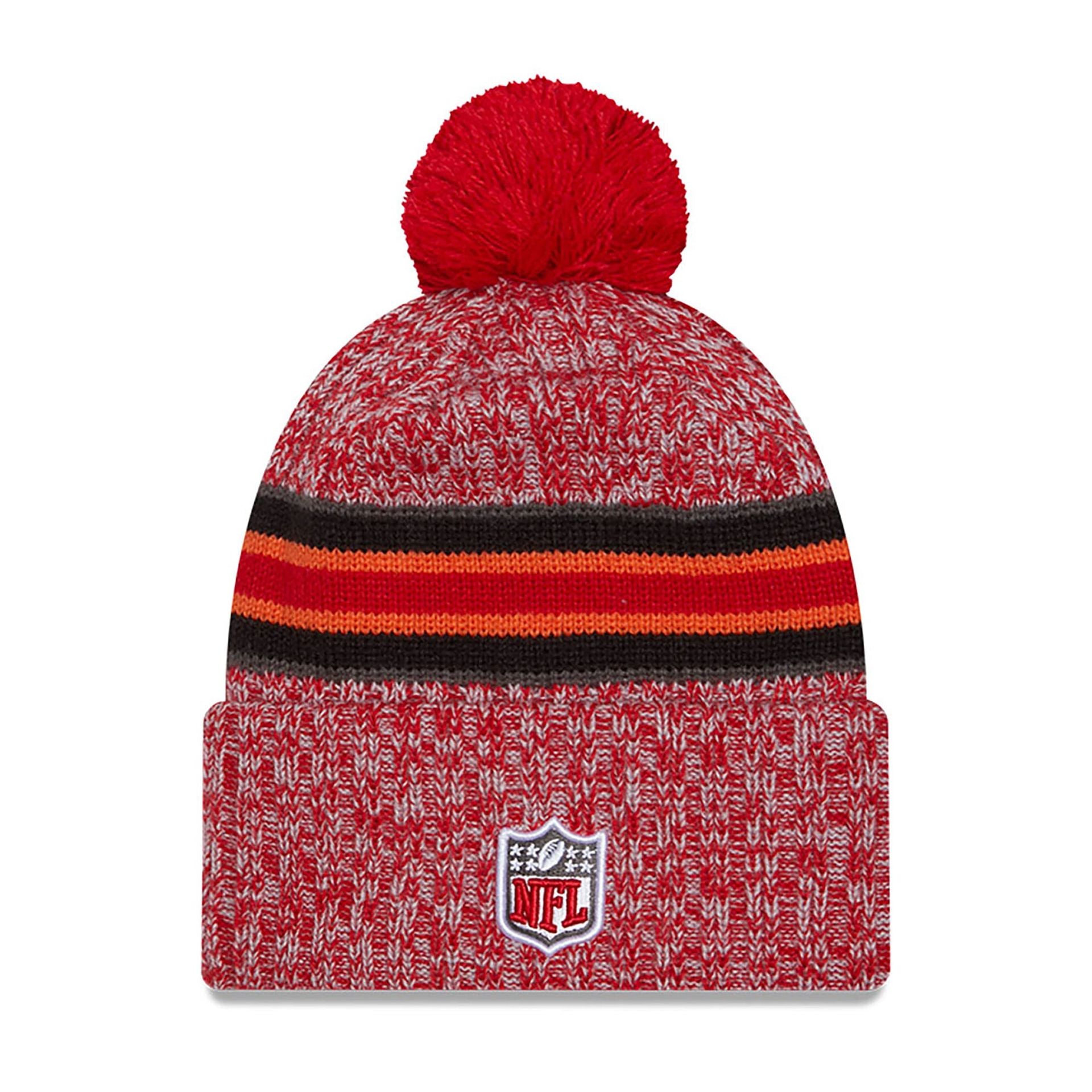 This is a Tampa Bay Buccaneers NFL Sideline 2023 Red Bobble Knit Hat 1