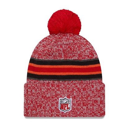 This is a Tampa Bay Buccaneers NFL Sideline 2023 Red Bobble Knit Hat 1