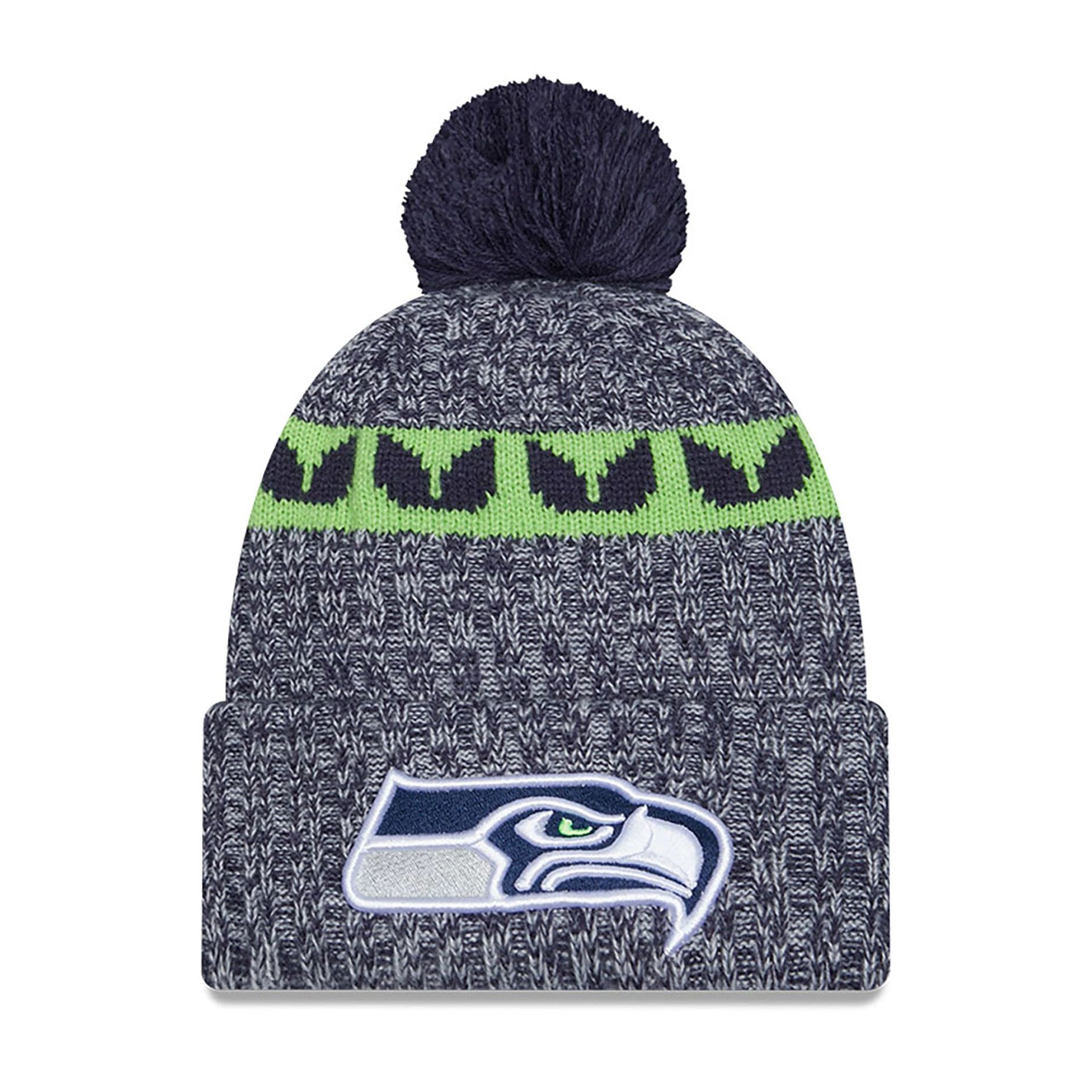 This is a Seattle Seahawks NFL Sideline 2023 Navy Bobble Knit Hat 2