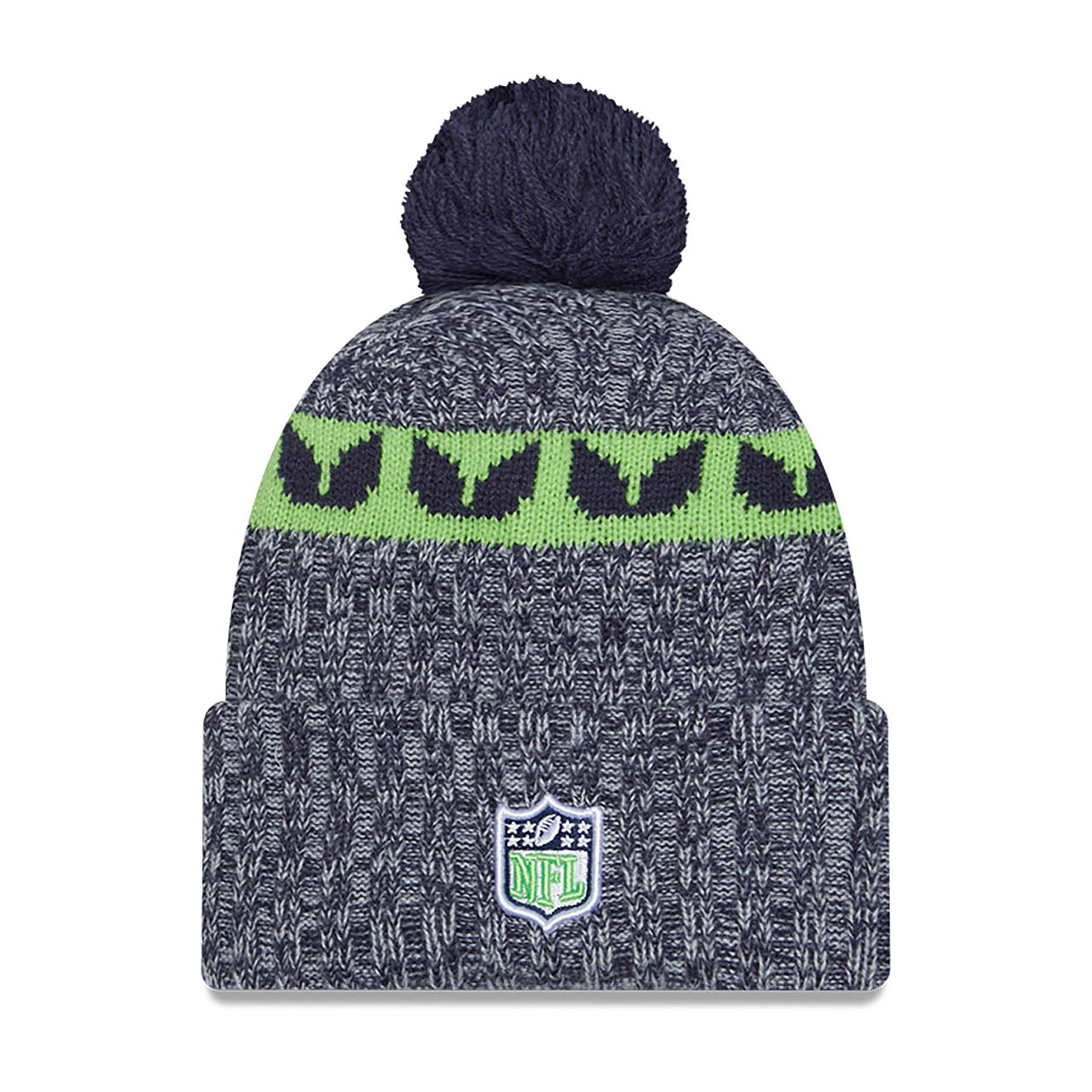 This is a Seattle Seahawks NFL Sideline 2023 Navy Bobble Knit Hat 1